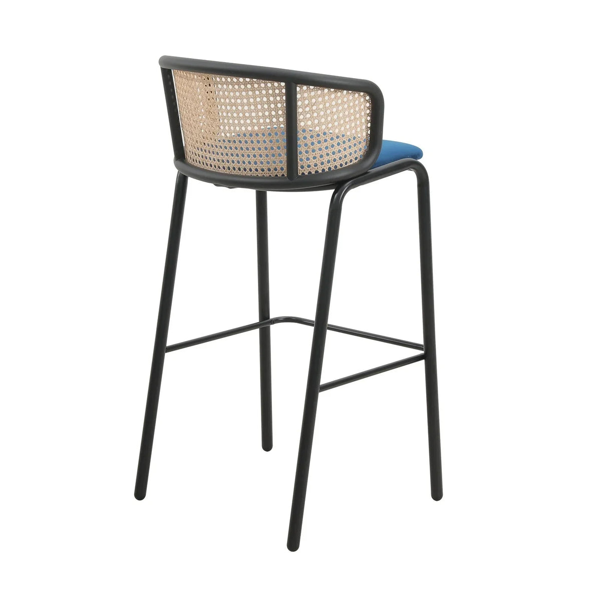 Ervilla Mid-Century Modern Wicker Bar Stool with Fabric Seat and Black Powder Coated Steel Frame - Elax Furniture