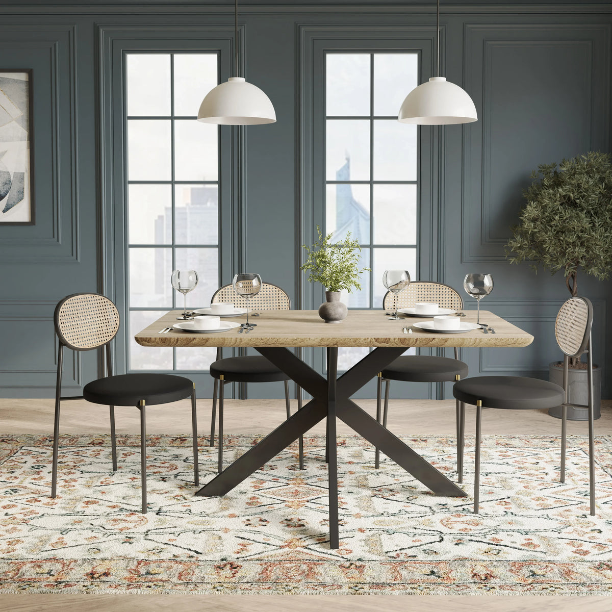 Ravenna 5-Piece Dining Set with 63" Rectangular Dining Table in Maple with 4 Velvet Dining Chairs in Black Steel Legs - Elax Furniture