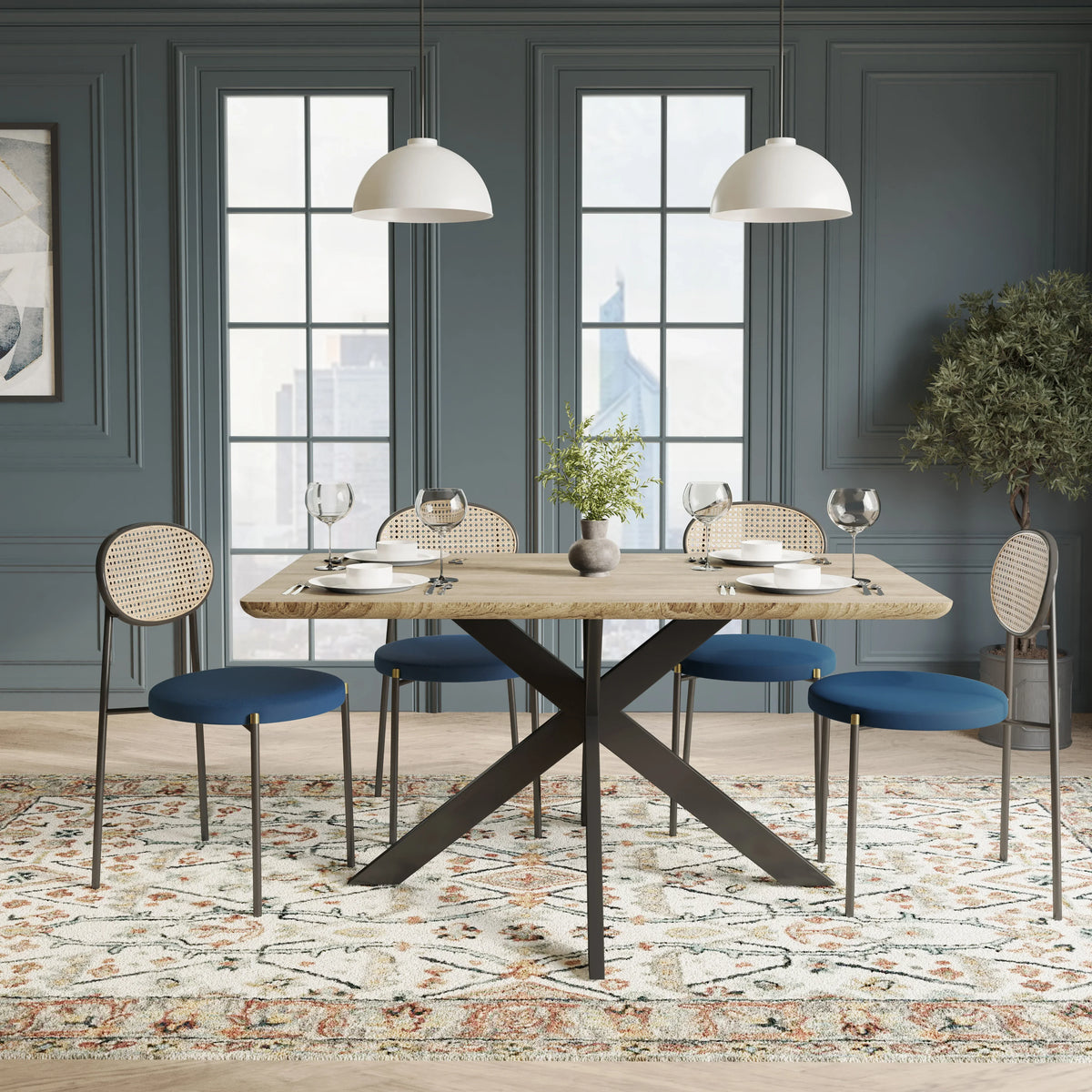 Ravenna 5-Piece Dining Set with 63" Rectangular Dining Table in Maple with 4 Velvet Dining Chairs in Black Steel Legs - Elax Furniture