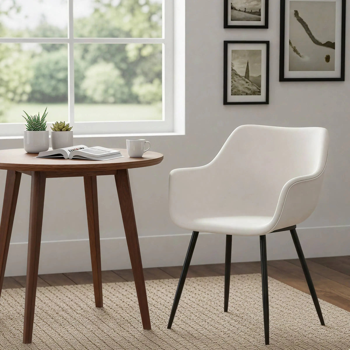 Markley Leather Dining Chair with Powder-Coated Iron Legs Cream CHAIR Leisuremod