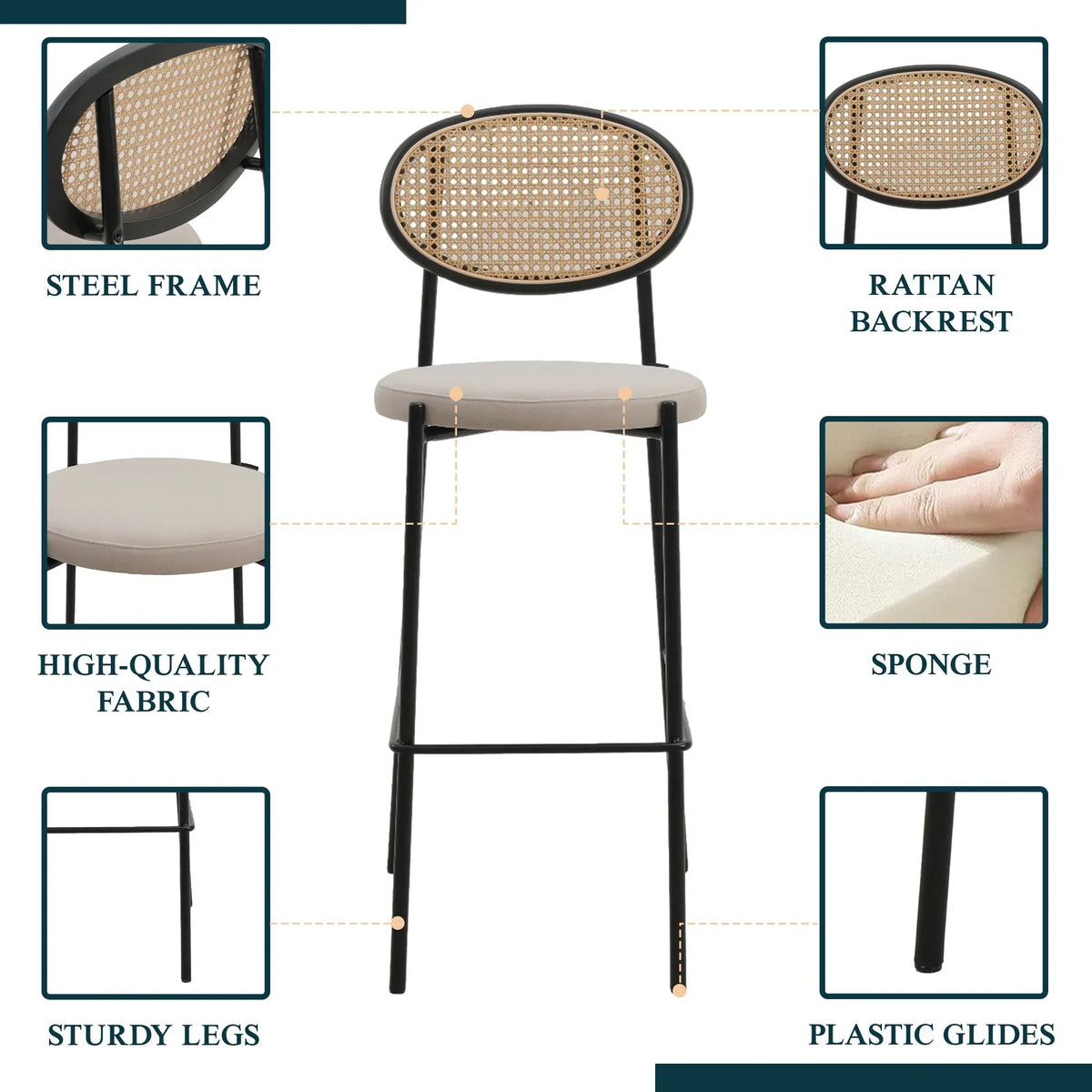 Euston Wicker Bar Stool with Black Powder Coated Steel Frame and Footrest - Elax Furniture