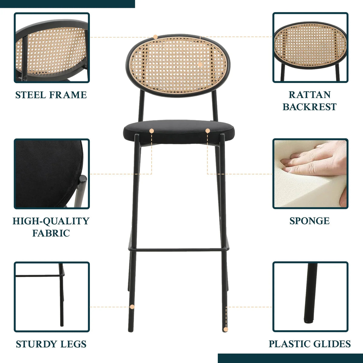 Euston Wicker Bar Stool with Black Powder Coated Steel Frame and Footrest - Elax Furniture