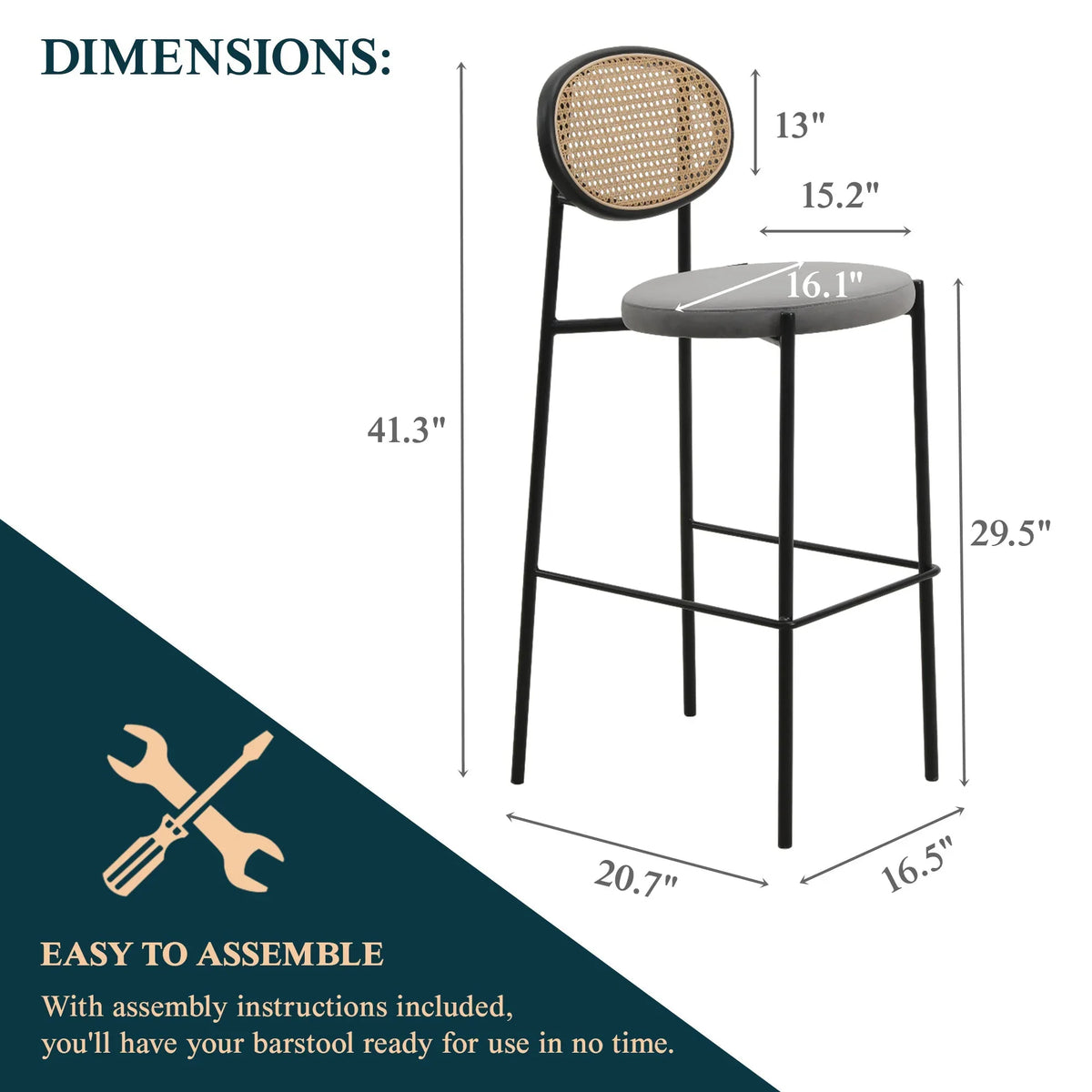 Euston Wicker Bar Stool with Black Powder Coated Steel Frame and Footrest - Elax Furniture