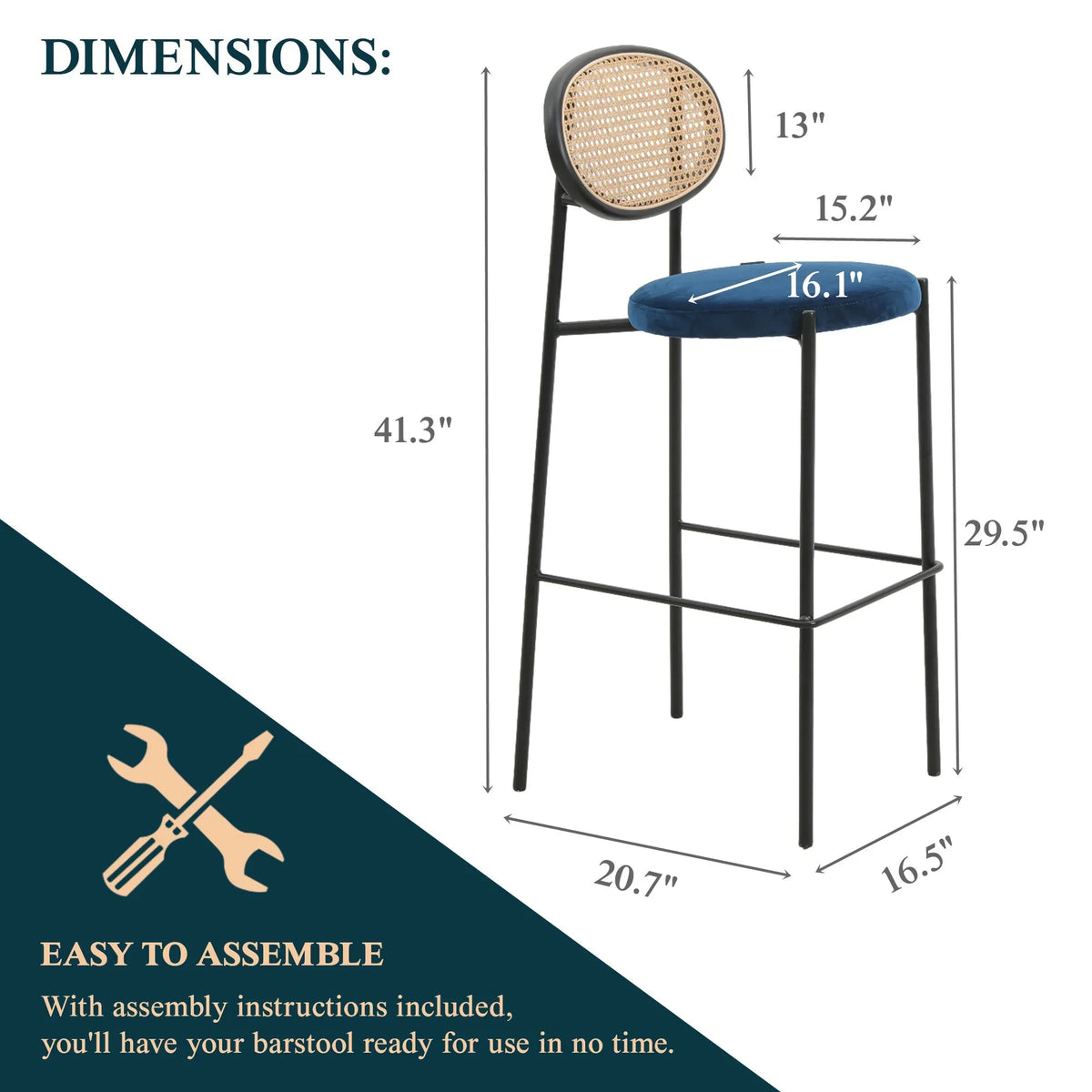 Euston Wicker Bar Stool with Black Powder Coated Steel Frame and Footrest - Elax Furniture