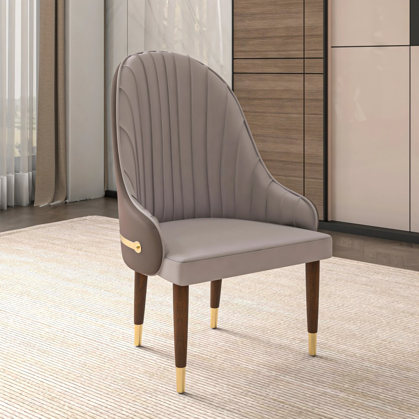 Elara Leather Dining Chair with Elegant Ripple Back and Gold Accents in Rubberwood - Elax Furniture
