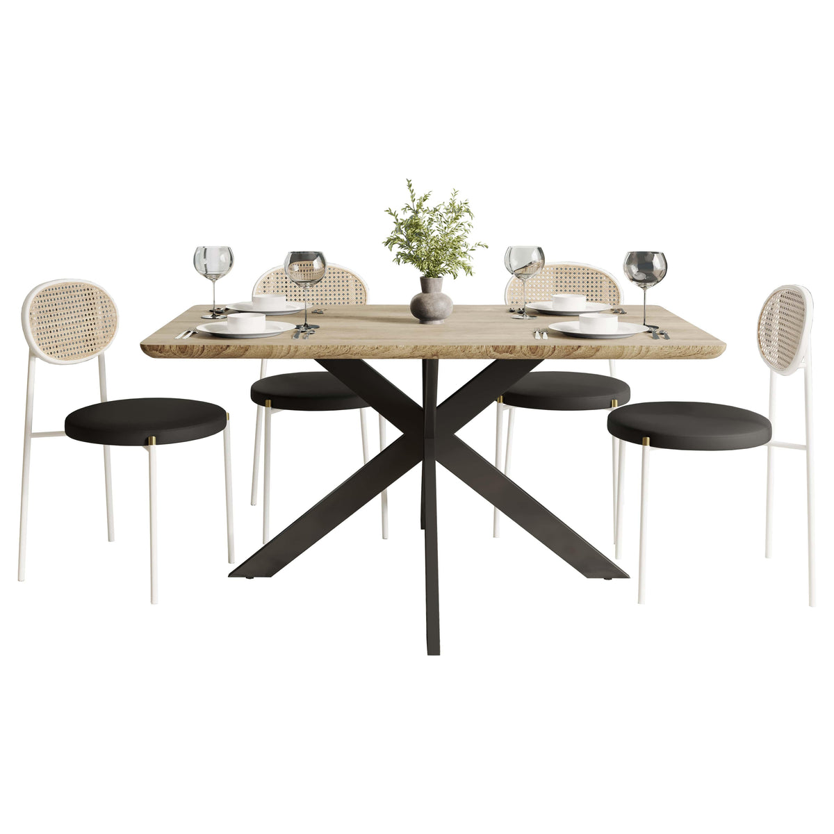 Ravenna 5-Piece Dining Set with 63" Rectangular Dining Table in Maple with 4 Velvet Dining Chairs in White Steel Legs - Elax Furniture