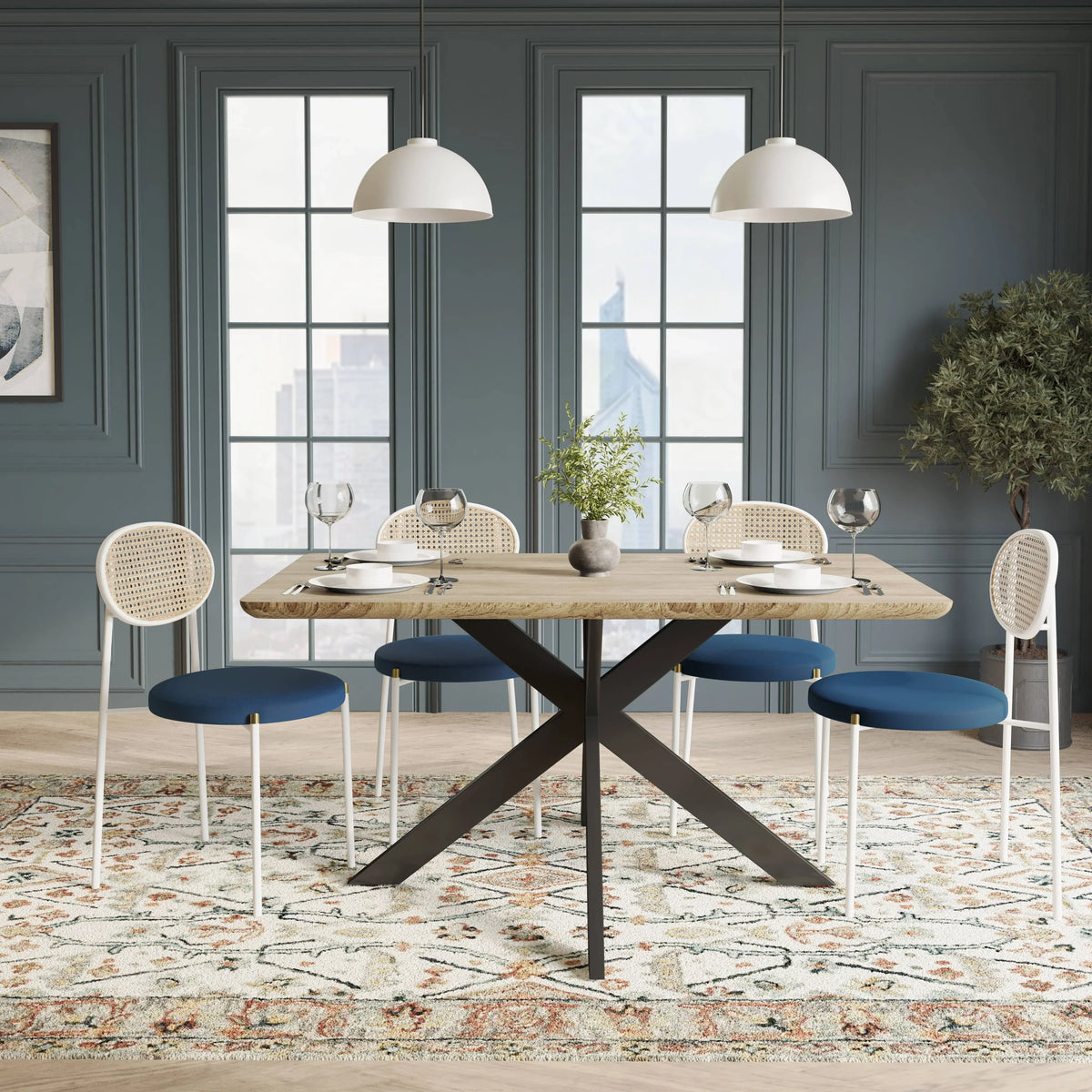 Ravenna 5-Piece Dining Set with 63" Rectangular Dining Table in Maple with 4 Velvet Dining Chairs in White Steel Legs - Elax Furniture