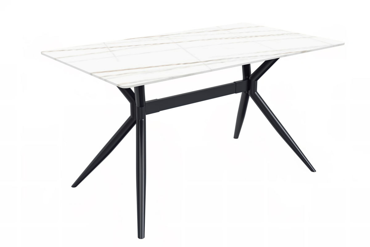 Elega Rectangular Dining Table with Sintered Stone/Glass Rectangular Top and Black Stainless Steel Base Sintered Stone 55 Inches Wide White and Gold Dining Table Leisuremod