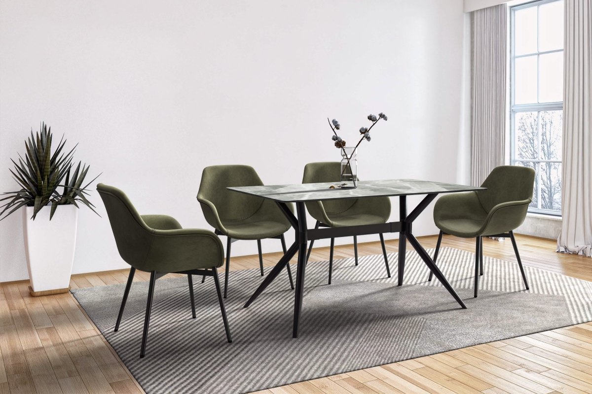 Elega Rectangular Dining Table with Sintered Stone/Glass Rectangular Top and Black Stainless Steel Base Sintered Stone 71 Inches Wide Light Grey Dining Table Leisuremod