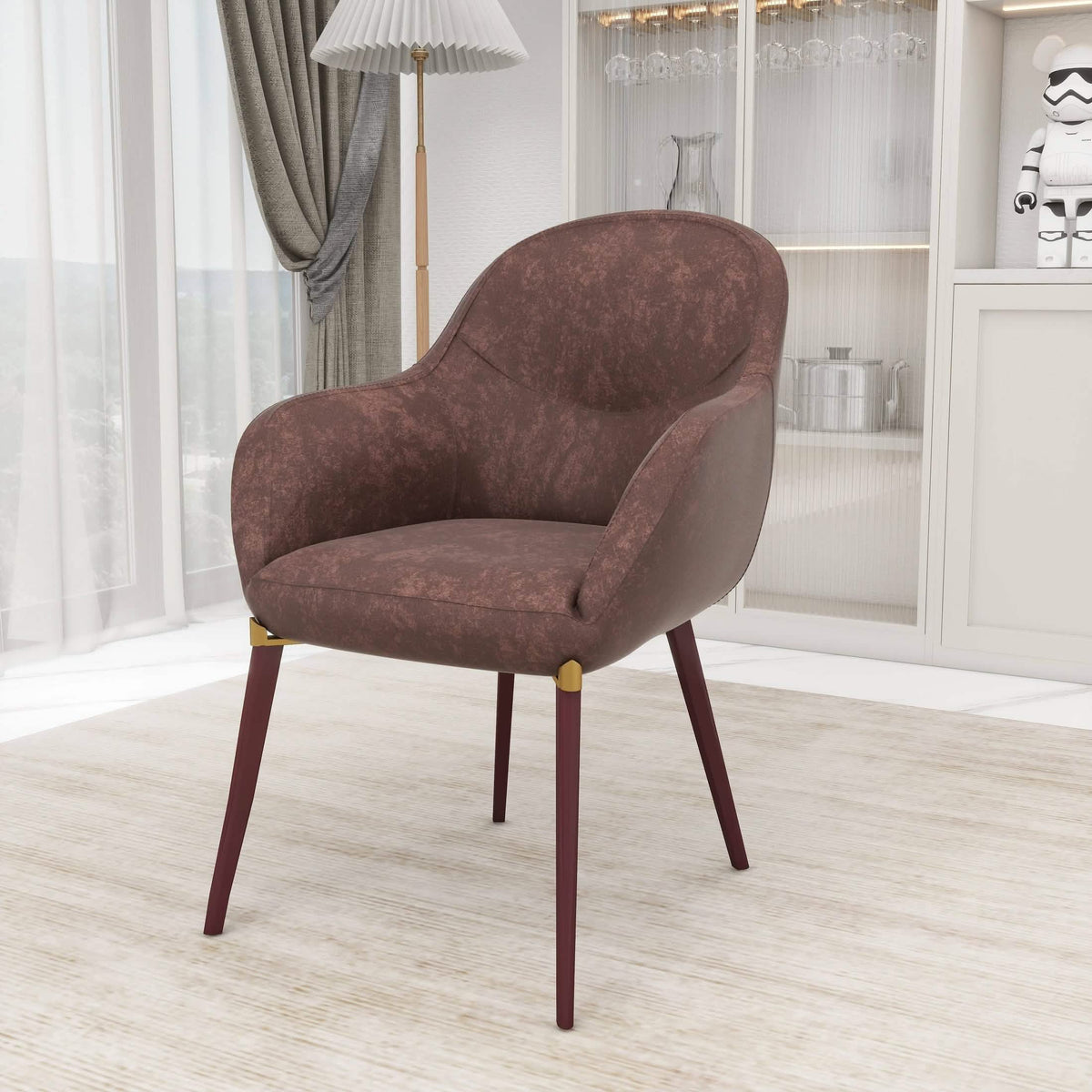 Elias Dining Chair Upholstered in Leather/Velvet and Powder Coated Legs Leather Brown Dining Chair Leisuremod