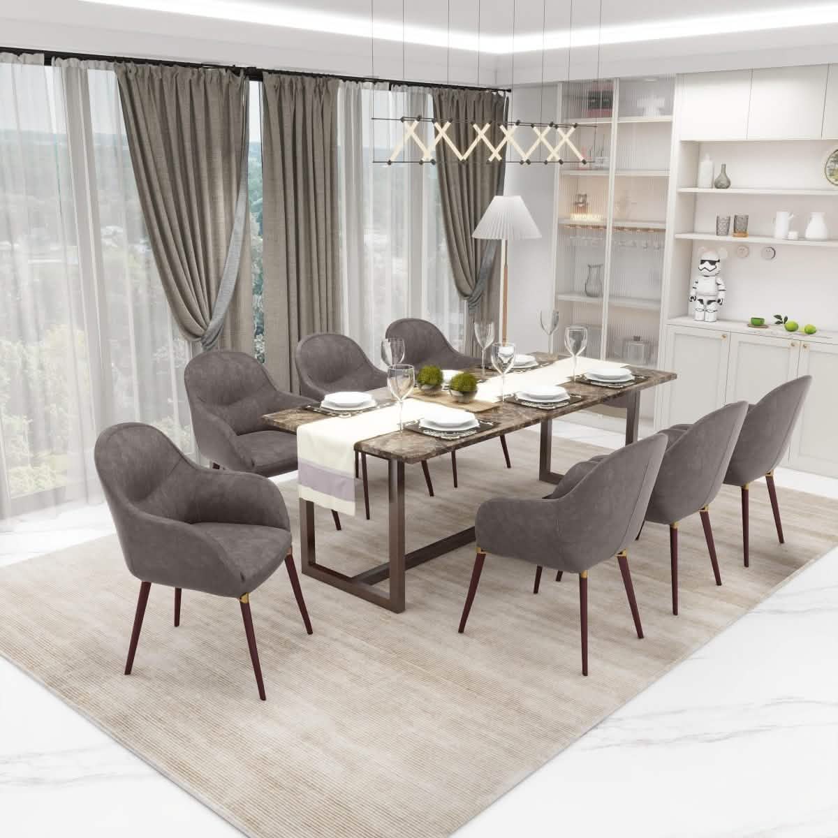 Elias Dining Chair Upholstered in Leather/Velvet and Powder Coated Legs Leather Dark Grey Dining Chair Leisuremod