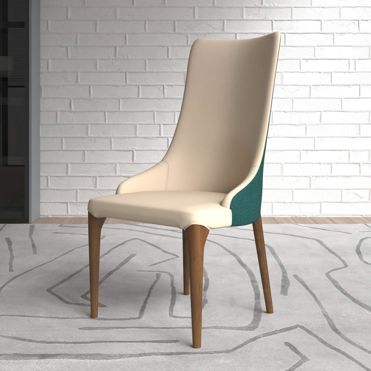 Elm Dining Chair with a Leather/Velvet Seat and a Two-Tone Color Design Backrest in Ash Wood Green Dining Chair Leisuremod