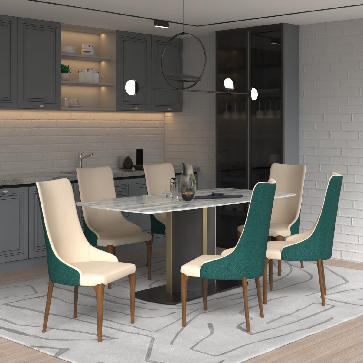 Elm Dining Chair with a Leather/Velvet Seat and a Two-Tone Color Design Backrest in Ash Wood Green Dining Chair Leisuremod