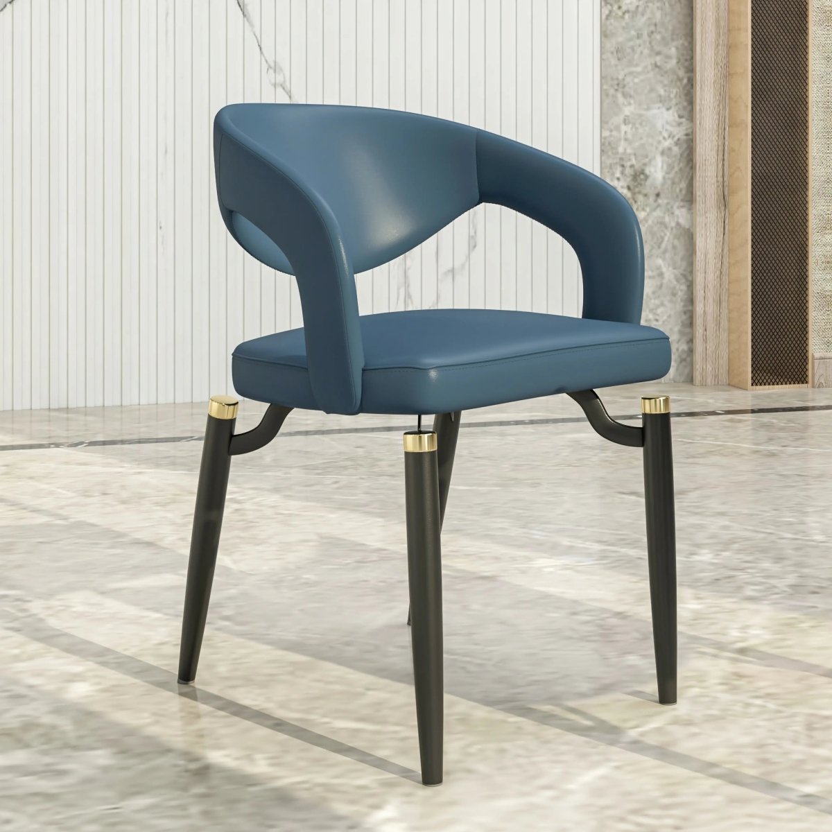 Entice Leather Dining Chair with Curved Open Back and Iron Legs Blue Dining Chair Leisuremod