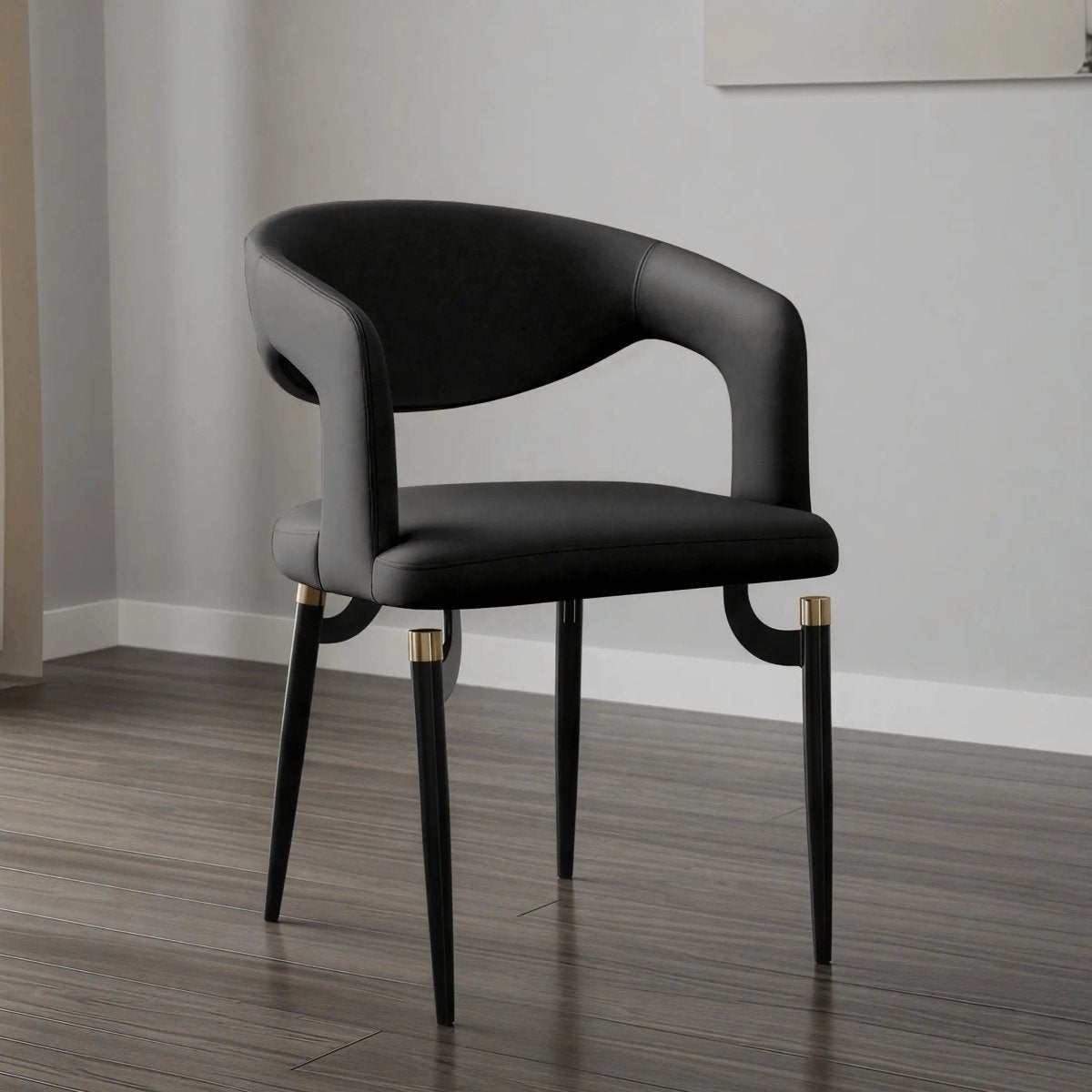 Entice Leather Dining Chair with Curved Open Back and Iron Legs Charcoal Black Dining Chair Leisuremod