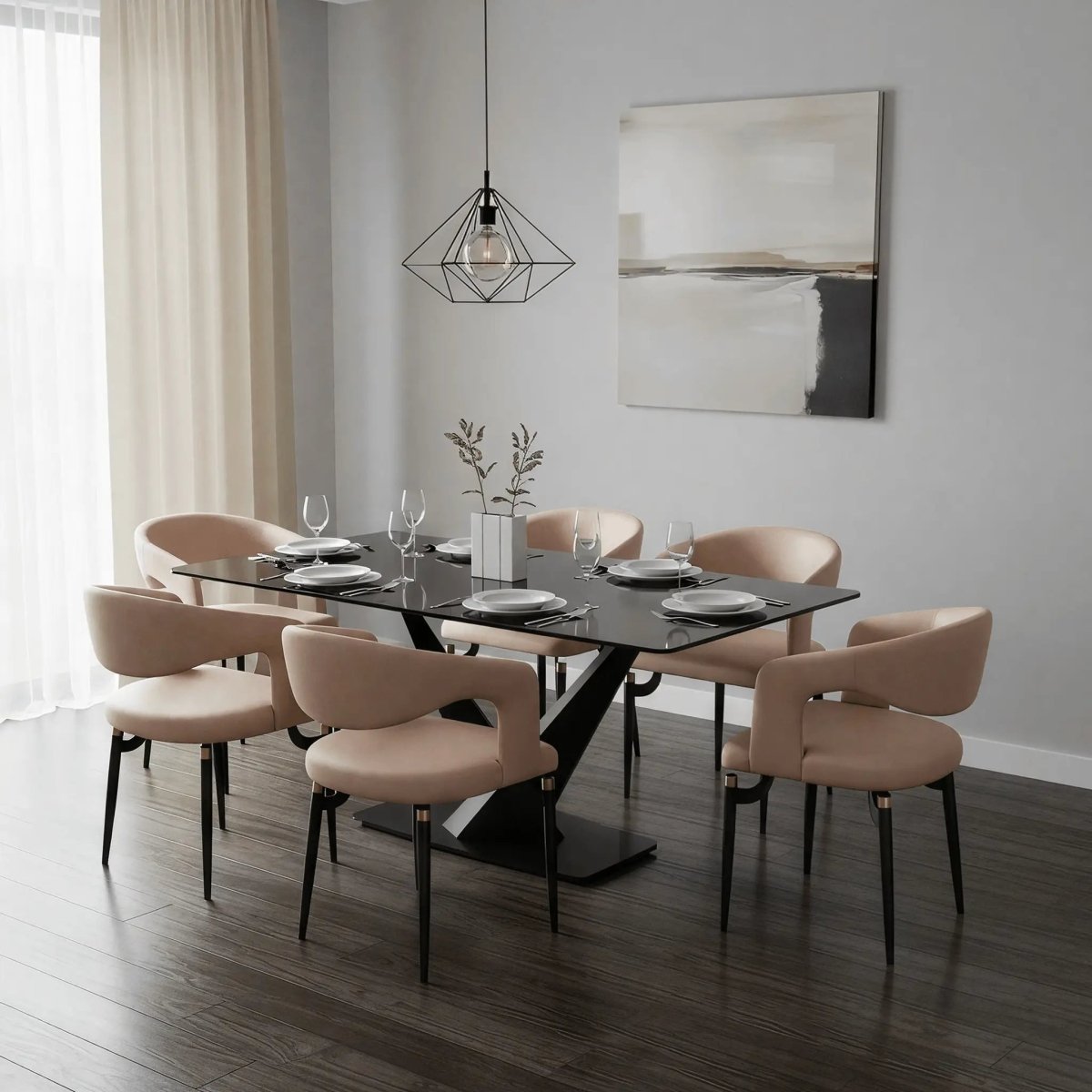 Entice Leather Dining Chair with Curved Open Back and Iron Legs Taupe Dining Chair Leisuremod