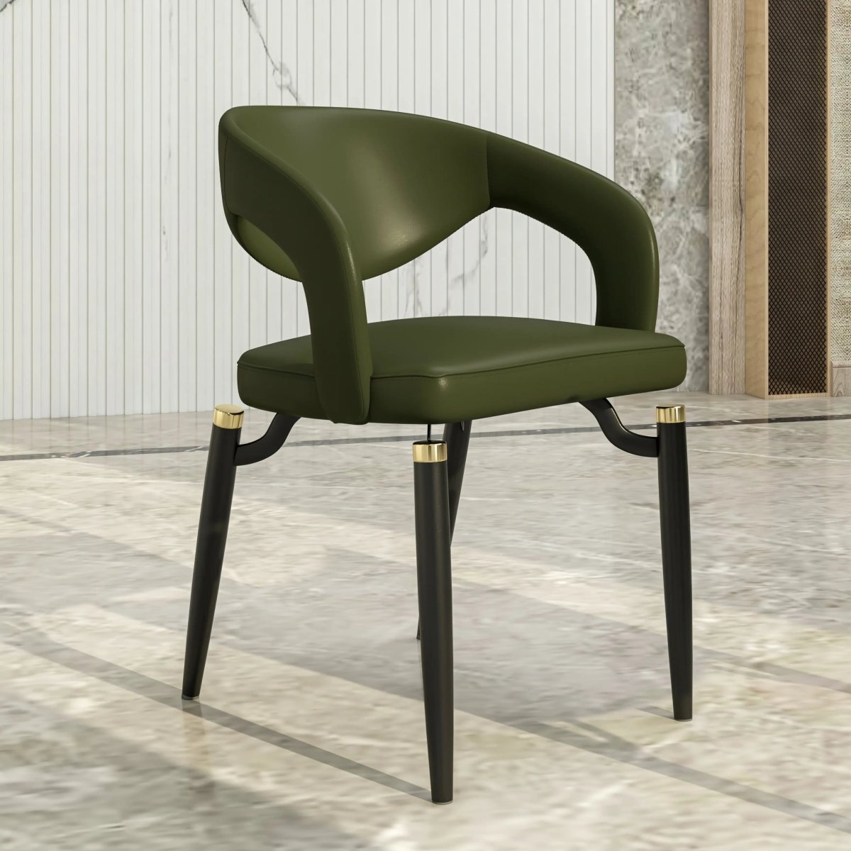 Entice Leather Dining Chair with Curved Open Back and Iron Legs Green Dining Chair Leisuremod