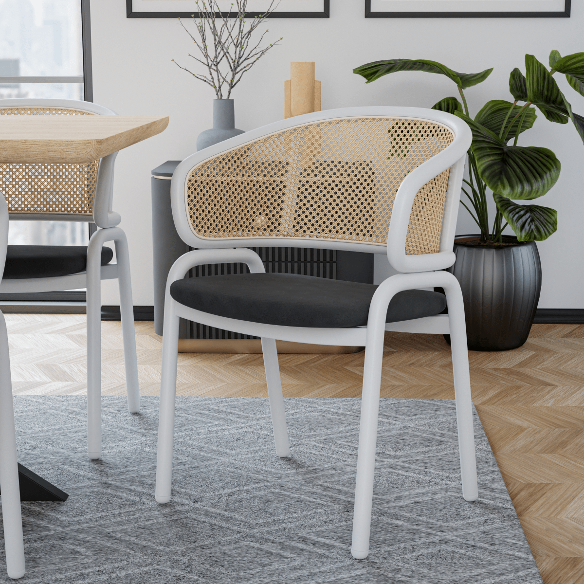 Ervilla Velvet Dining Armchair with Steel Legs and Wicker Back White Brown Black Dining Chair Leisuremod