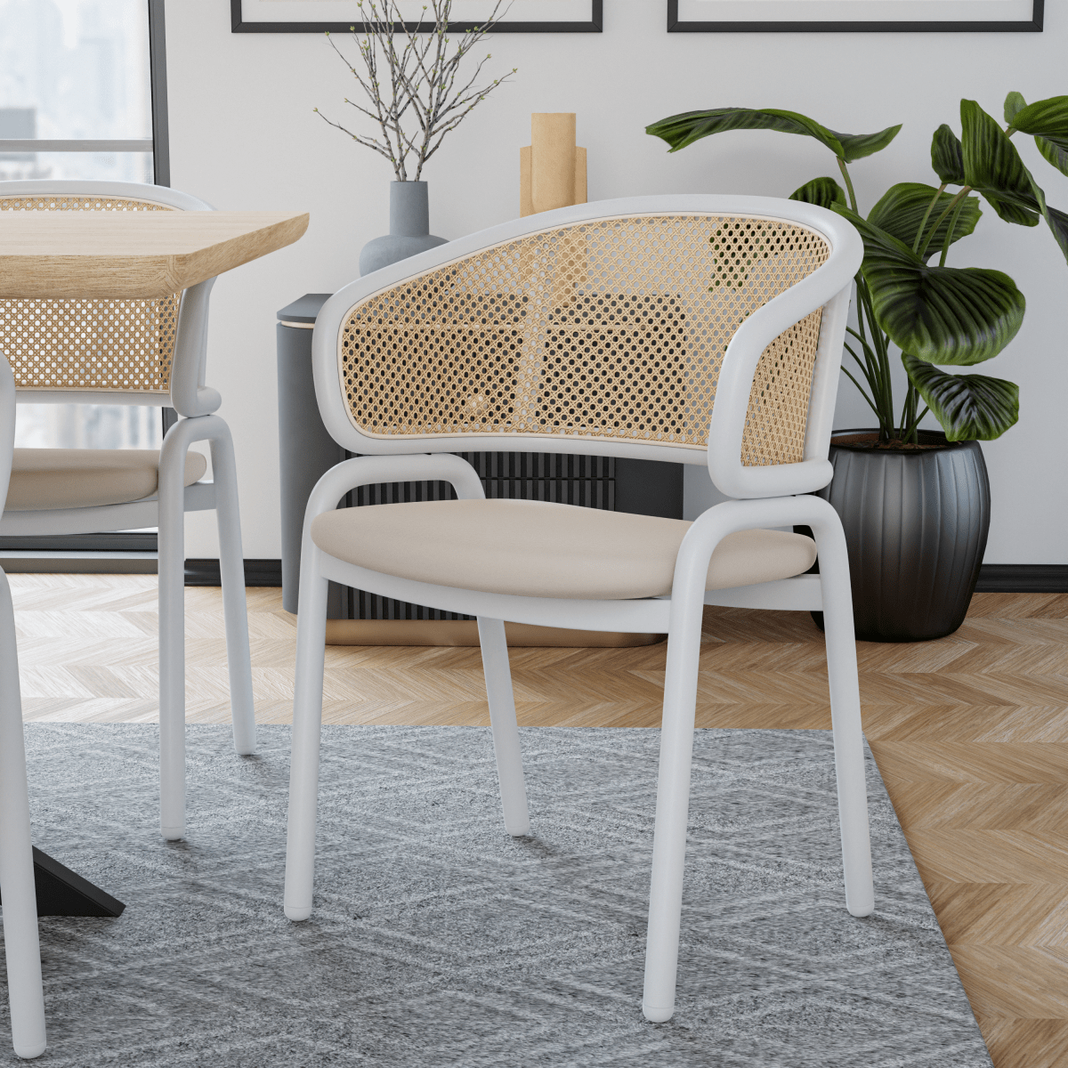 Ervilla Velvet Dining Armchair with Steel Legs and Wicker Back White Brown Beige Dining Chair Leisuremod