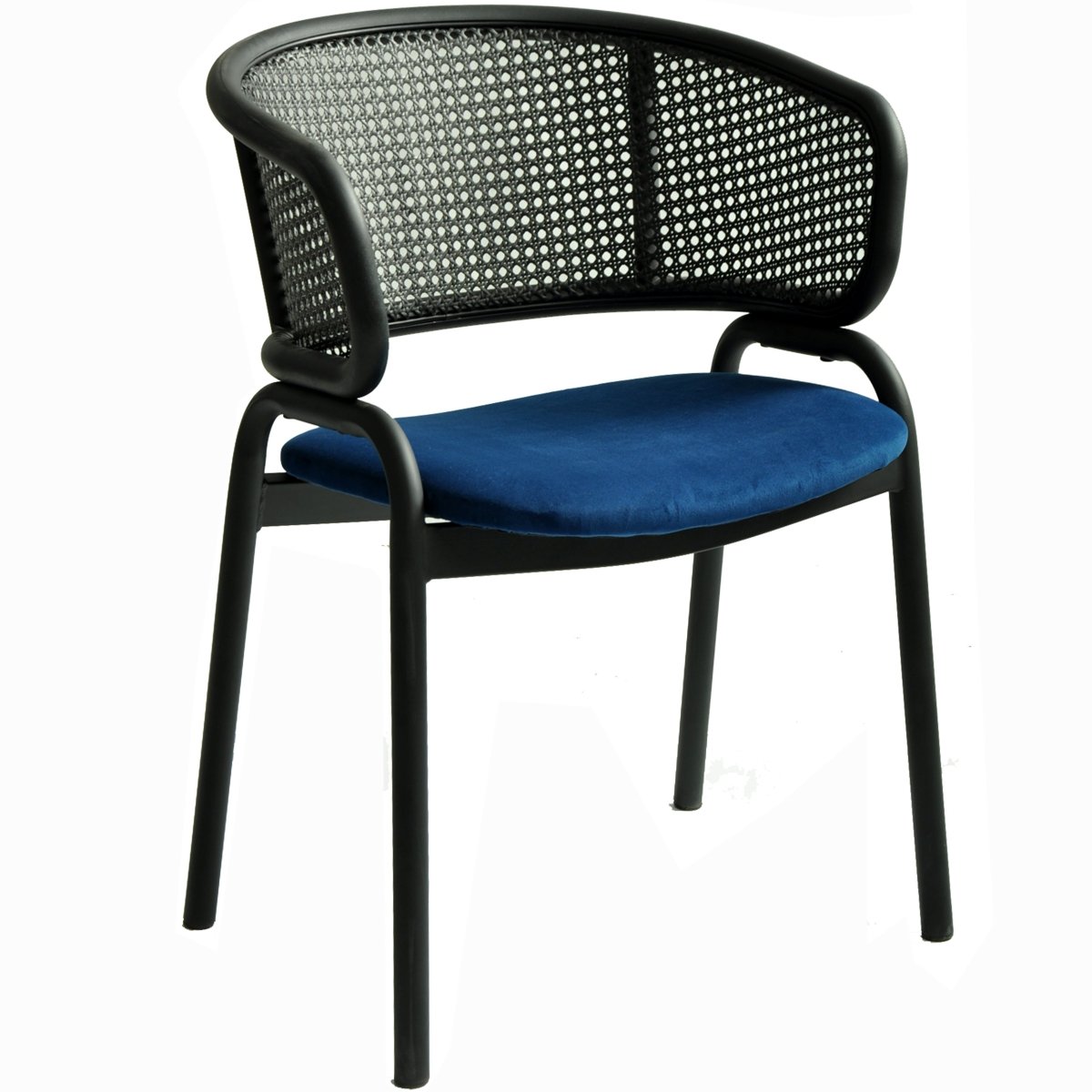 Ervilla Velvet Dining Armchair with Steel Legs and Wicker Back Black Black Navy Blue Dining Chair Leisuremod