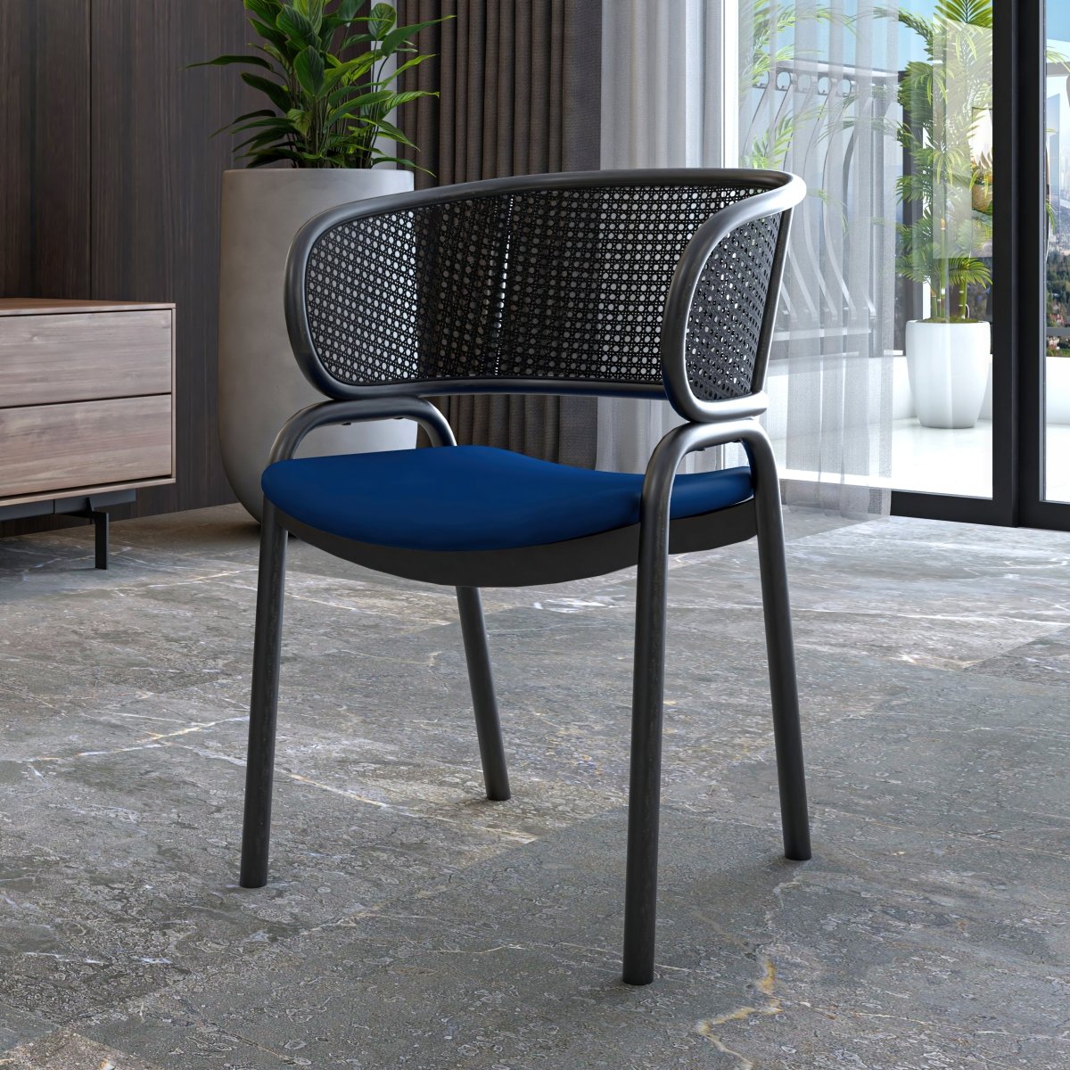 Ervilla Velvet Dining Armchair with Steel Legs and Wicker Back Black Black Navy Blue Dining Chair Leisuremod