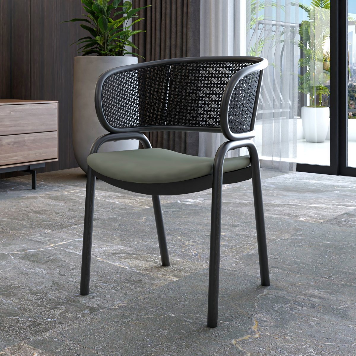 Ervilla Velvet Dining Armchair with Steel Legs and Wicker Back Black Black Grey Dining Chair Leisuremod
