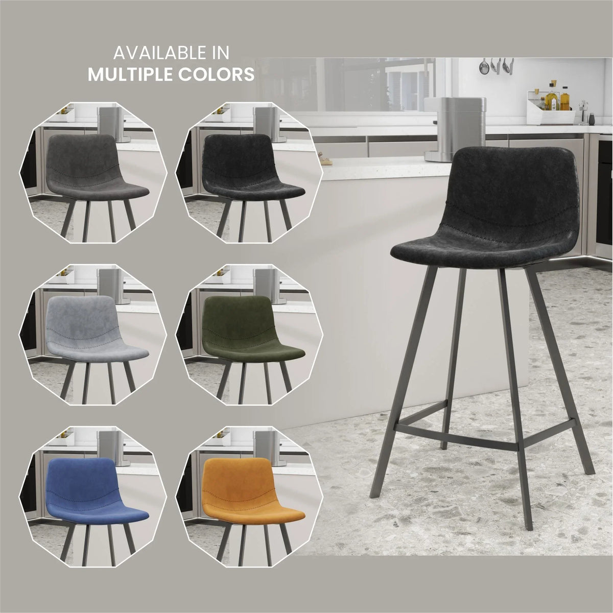 Elland 35” Counter Stool in Leather Padded Seat in Black Stainless Steel - Elax Furniture