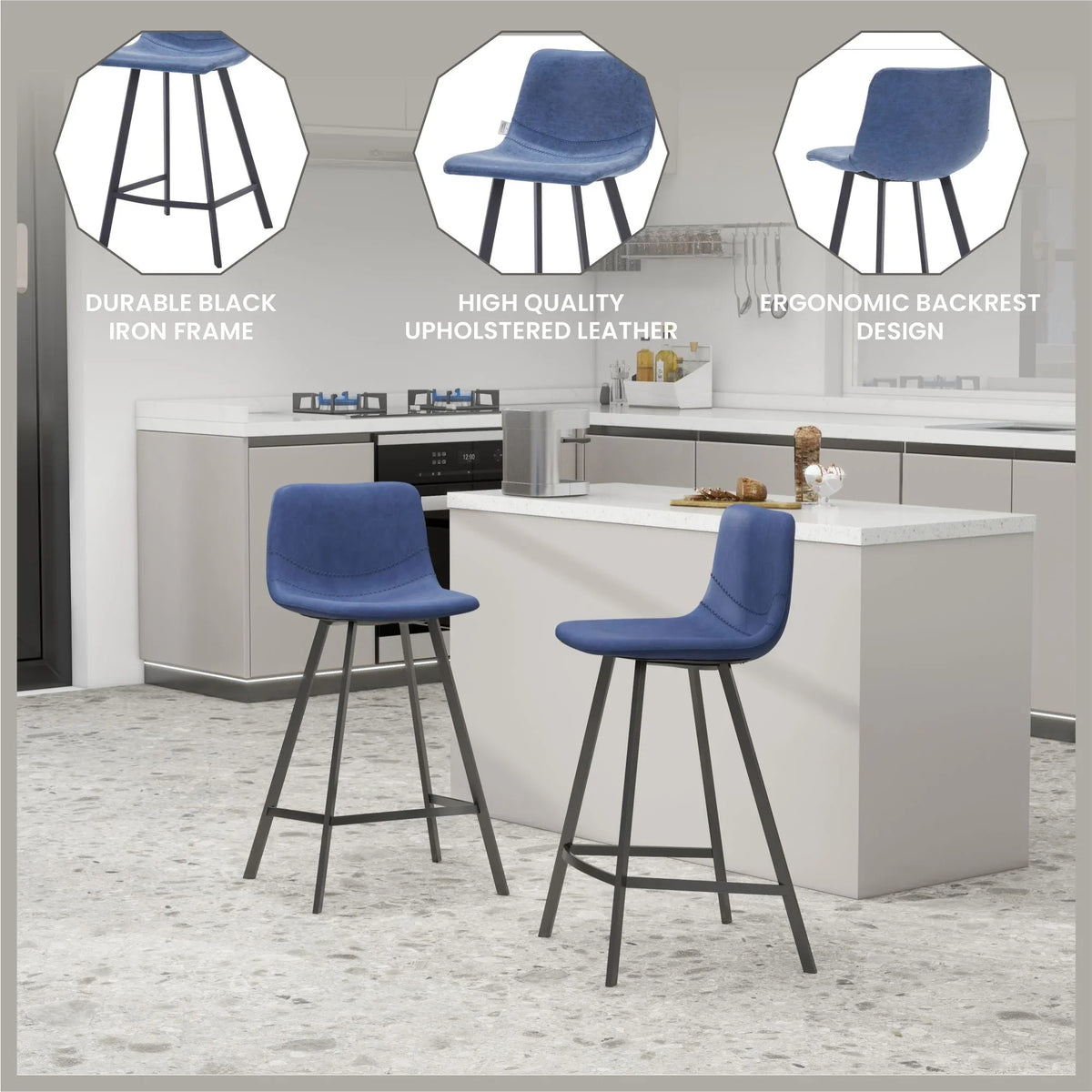 Elland 35” Counter Stool in Leather Padded Seat in Black Stainless Steel - Elax Furniture