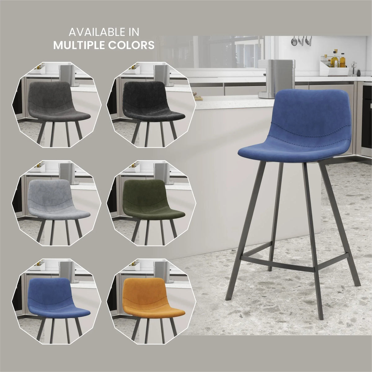 Elland 35” Counter Stool in Leather Padded Seat in Black Stainless Steel - Elax Furniture