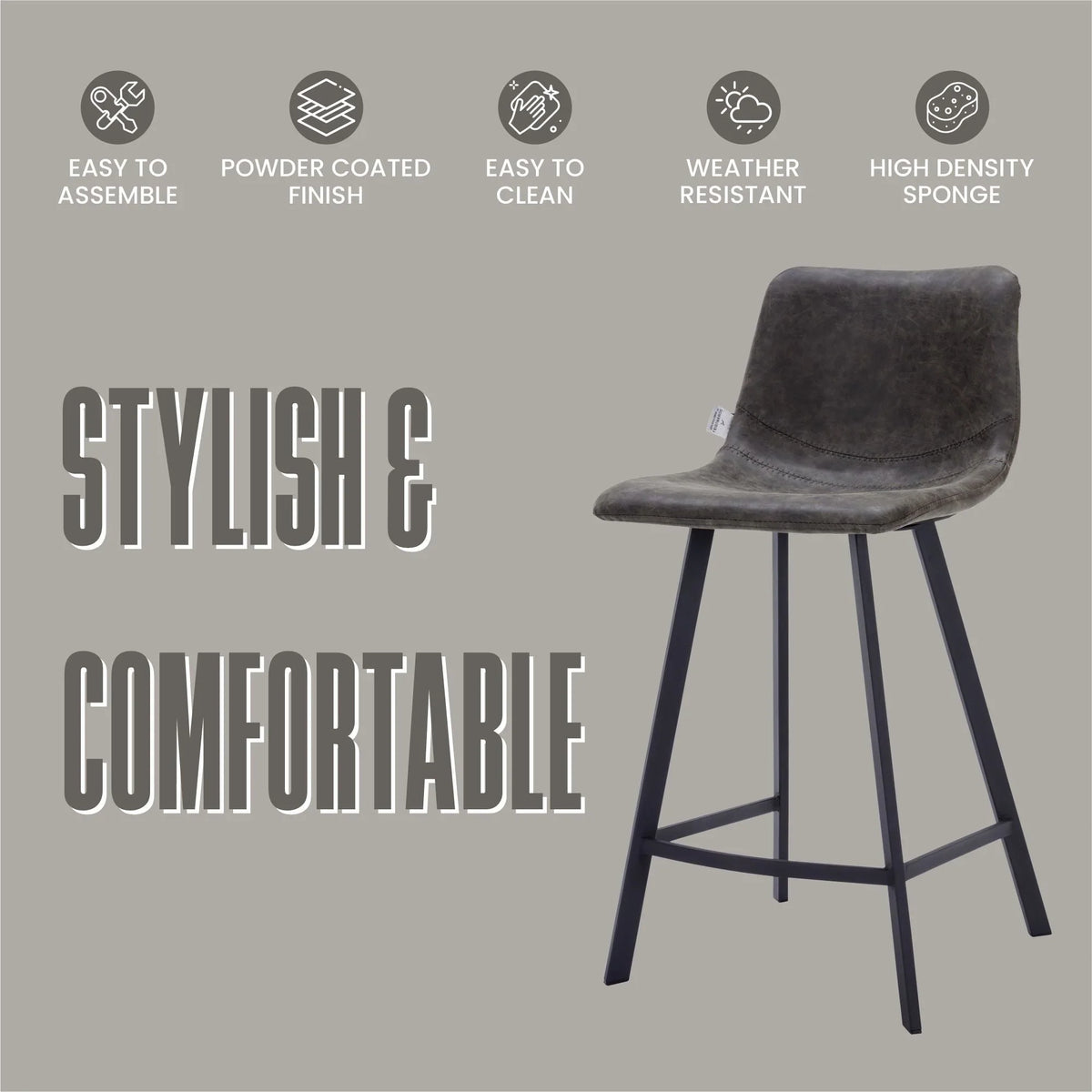 Elland 35” Counter Stool in Leather Padded Seat in Black Stainless Steel - Elax Furniture