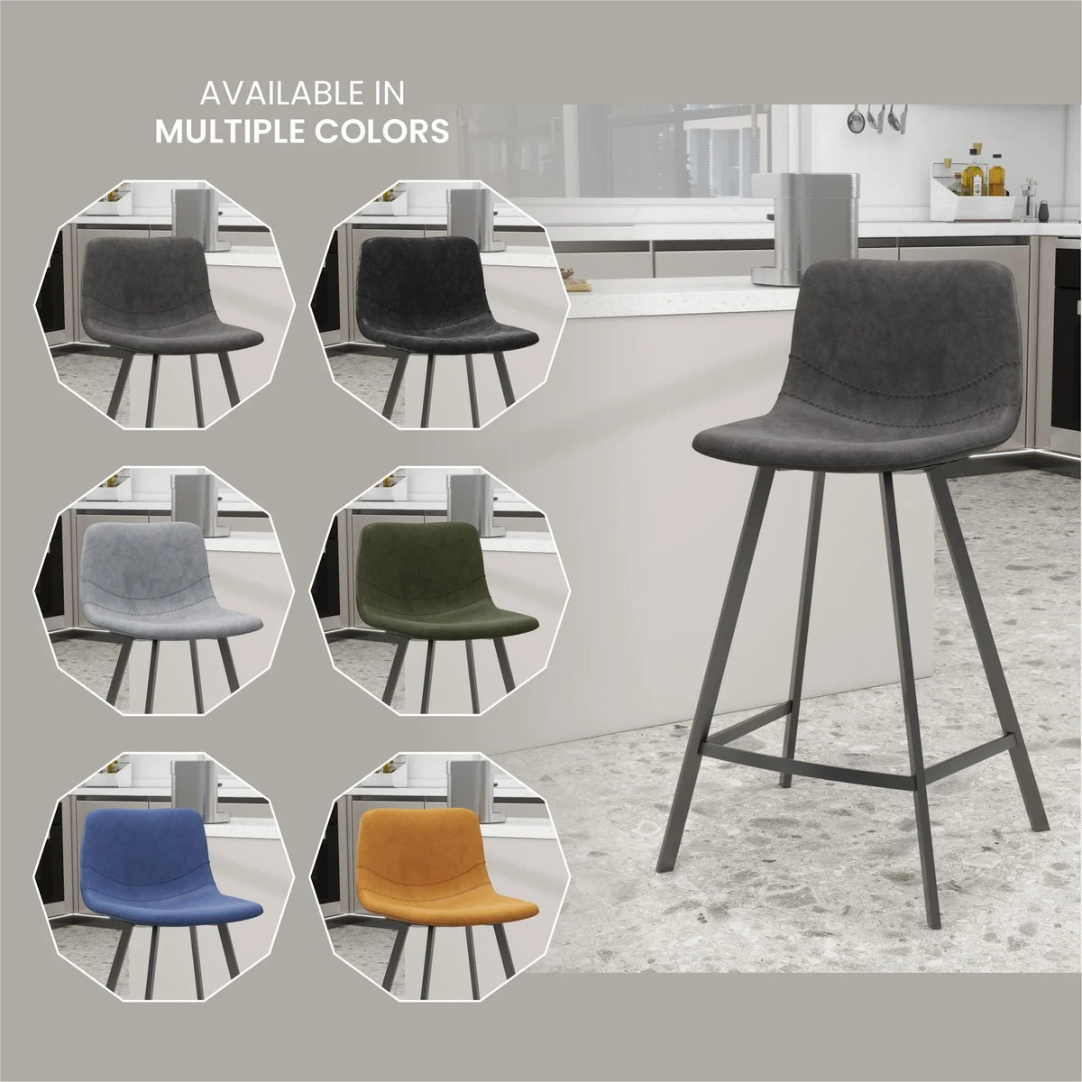 Elland 35” Counter Stool in Leather Padded Seat in Black Stainless Steel - Elax Furniture