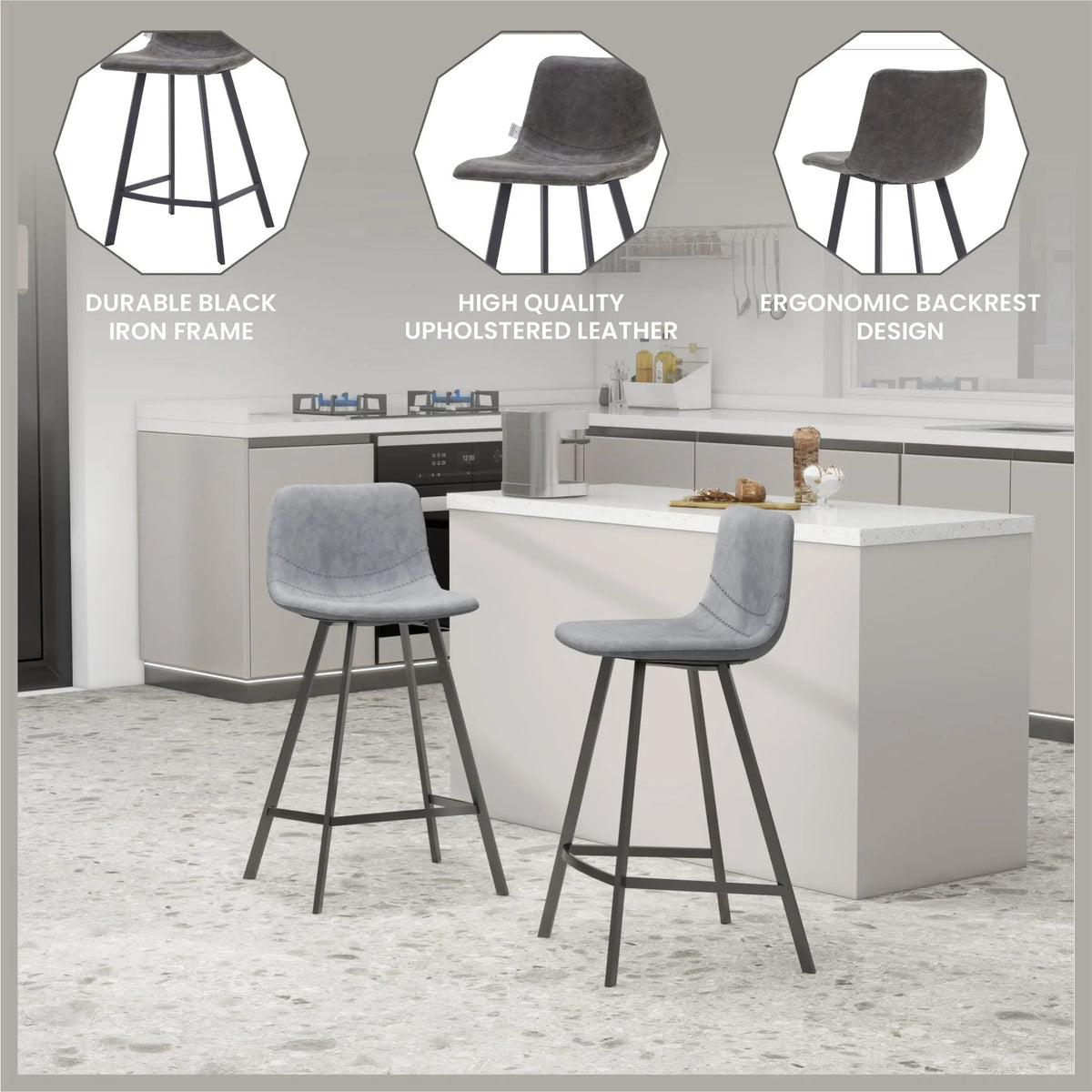 Elland 35” Counter Stool in Leather Padded Seat in Black Stainless Steel - Elax Furniture