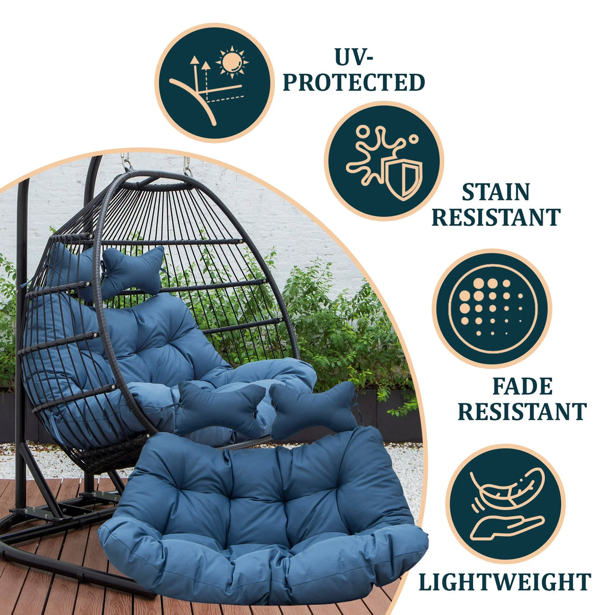 Modern Upholstered 2 Person Hanging Egg Swing Cushion with Headrest - Elax Furniture