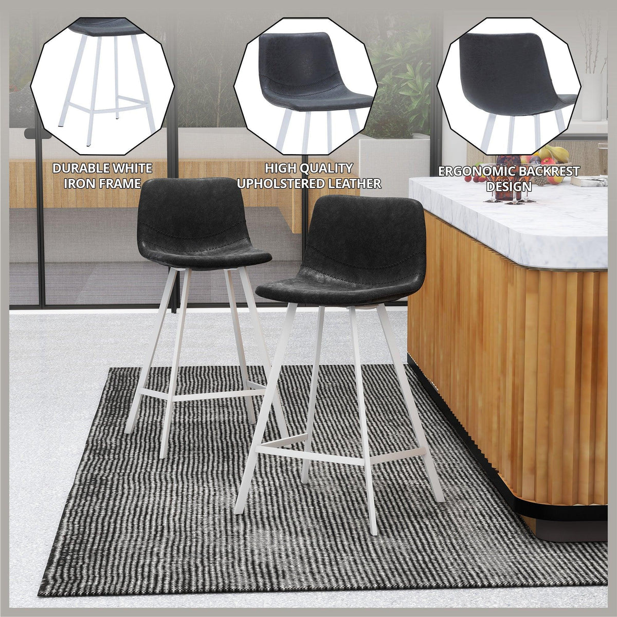 Elland 35” Counter Stool in Leather Padded Seat in White Stainless Steel - Elax Furniture