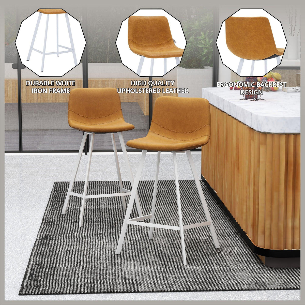Elland 35” Counter Stool in Leather Padded Seat in White Stainless Steel - Elax Furniture