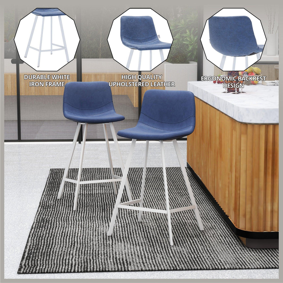 Elland 35” Counter Stool in Leather Padded Seat in White Stainless Steel - Elax Furniture