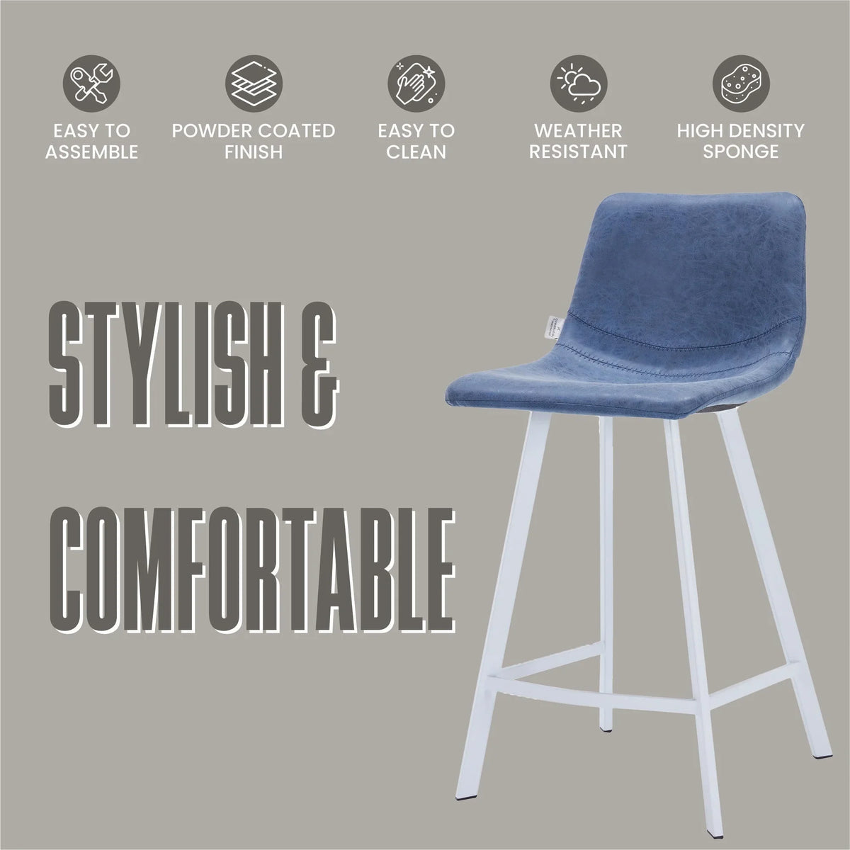 Elland 35” Counter Stool in Leather Padded Seat in White Stainless Steel - Elax Furniture