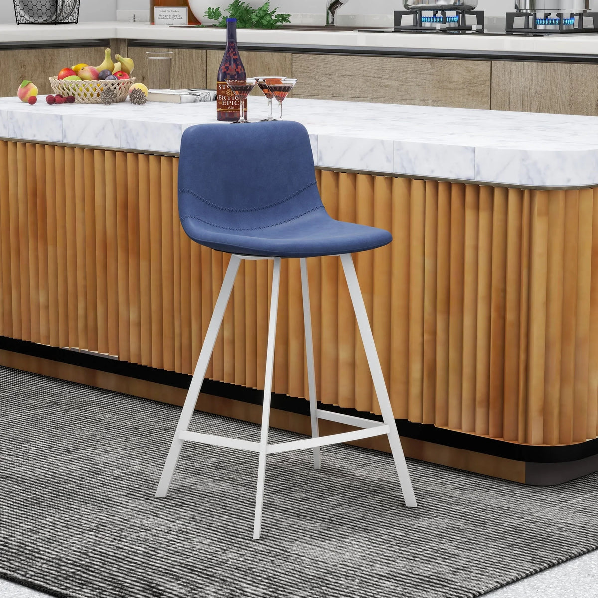 Elland 35” Counter Stool in Leather Padded Seat in White Stainless Steel - Elax Furniture