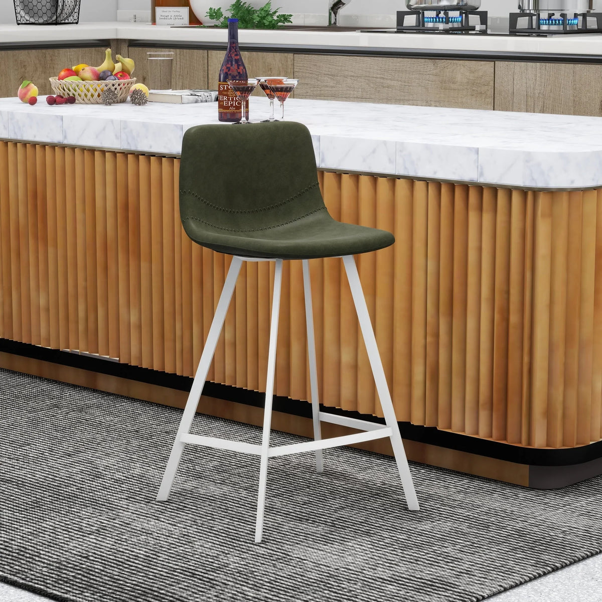 Elland 35” Counter Stool in Leather Padded Seat in White Stainless Steel - Elax Furniture