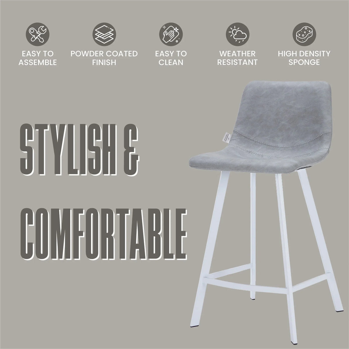Elland 35” Counter Stool in Leather Padded Seat in White Stainless Steel - Elax Furniture
