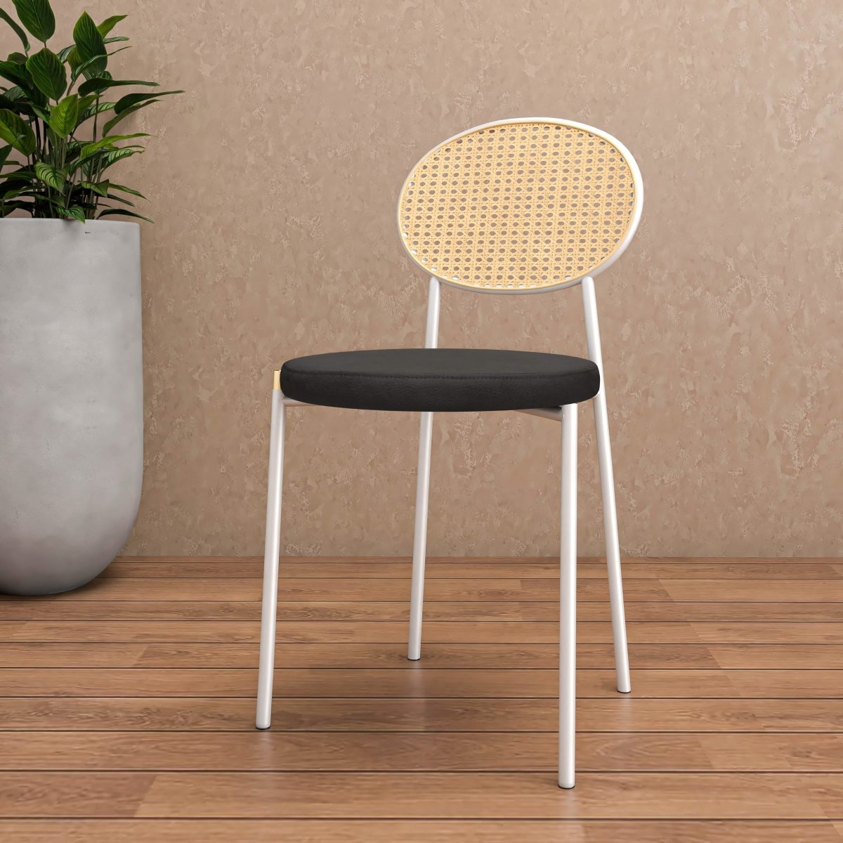 Euston Modern Upholstered Dining Chair with Round Wicker/Velvet Back Style White Leather Charcoal Dining Chair Leisuremod