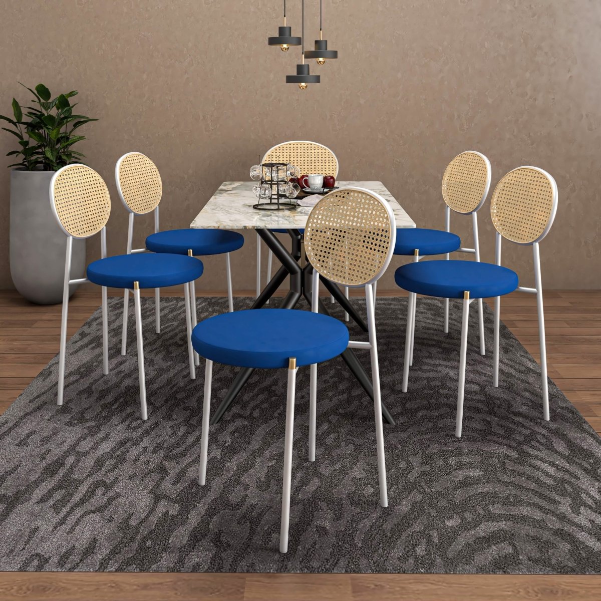 Euston Modern Upholstered Dining Chair with Round Wicker/Velvet Back Style White Wicker Navy Blue Dining Chair Leisuremod
