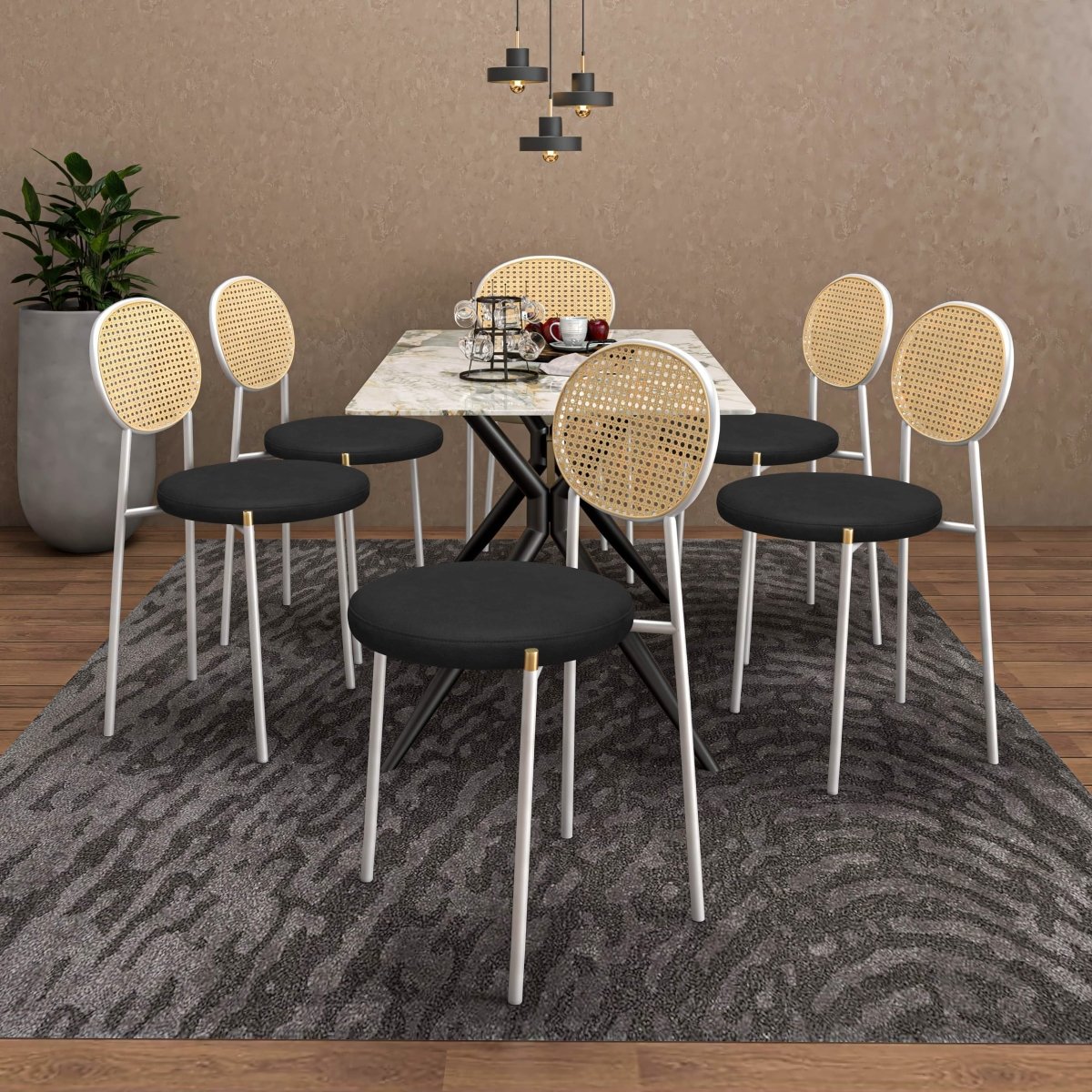 Euston Modern Upholstered Dining Chair with Round Wicker/Velvet Back Style White Leather Charcoal Dining Chair Leisuremod