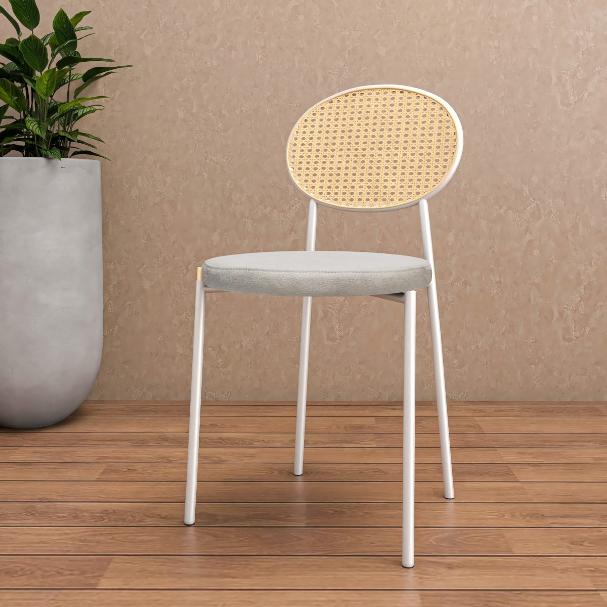 Euston Modern Upholstered Dining Chair with Round Wicker/Velvet Back Style White Leather White Dining Chair Leisuremod