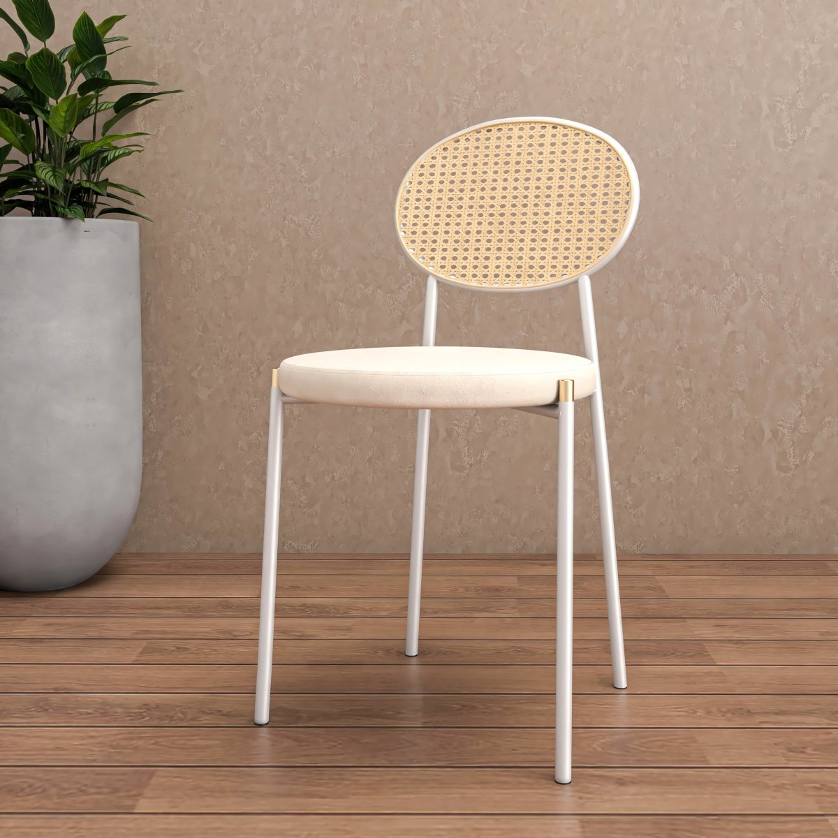 Euston Modern Upholstered Dining Chair with Round Wicker/Velvet Back Style White Wicker Beige Dining Chair Leisuremod