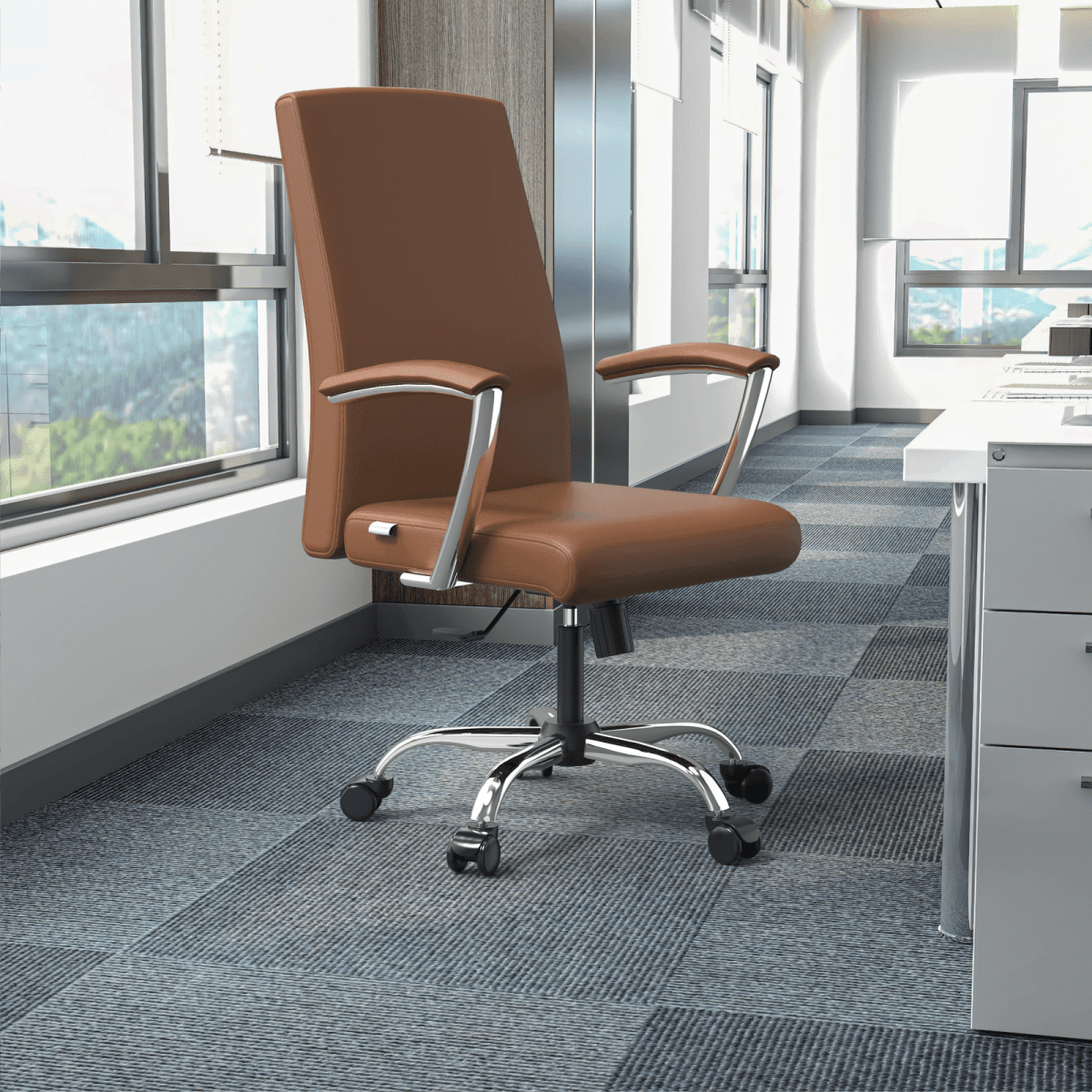 Evander Modern Swivel Office Chair in Leather with Adjustable Height and Silver Frame Dark Brown Office Chair Leisuremod