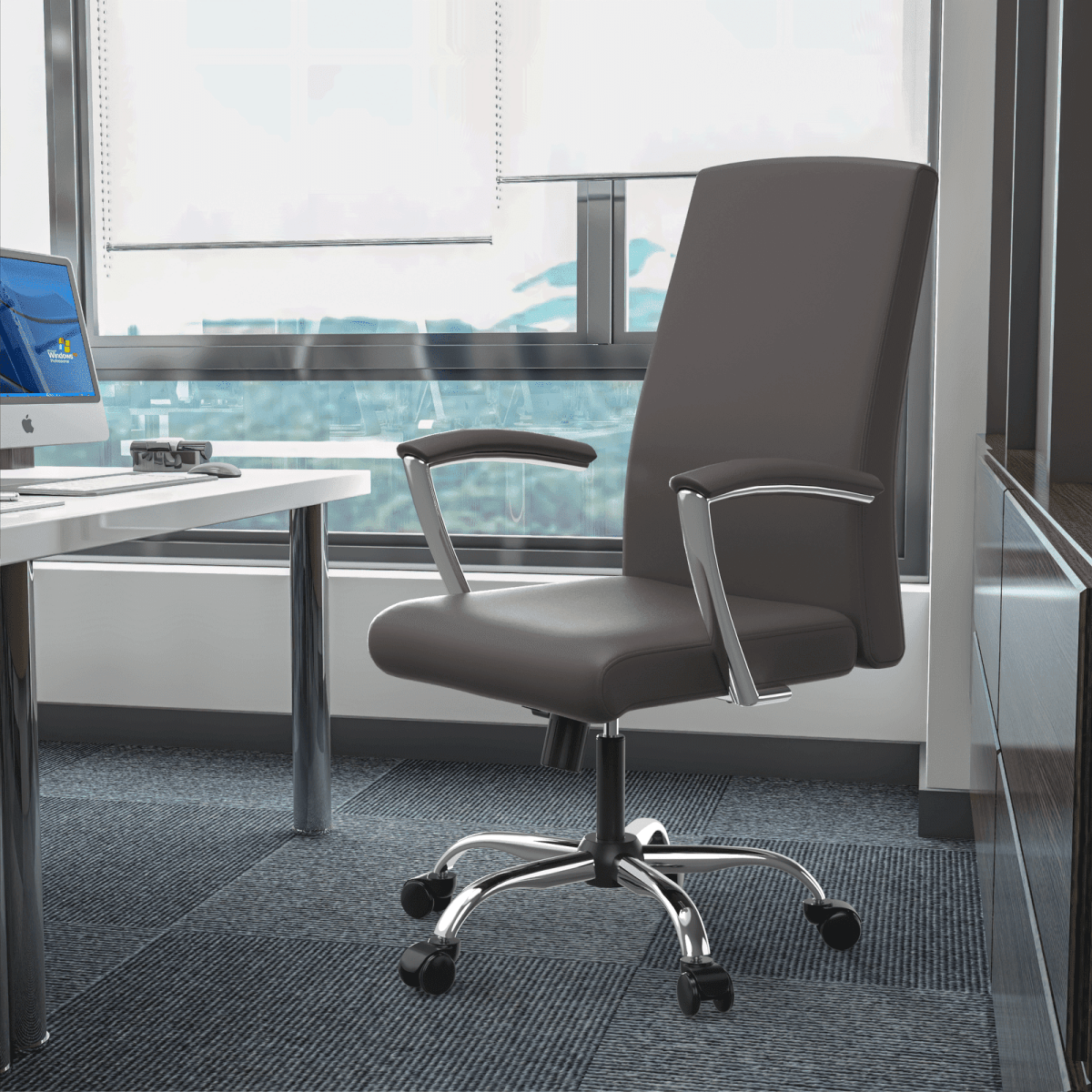 Evander Modern Swivel Office Chair in Leather with Adjustable Height and Silver Frame Grey Office Chair Leisuremod