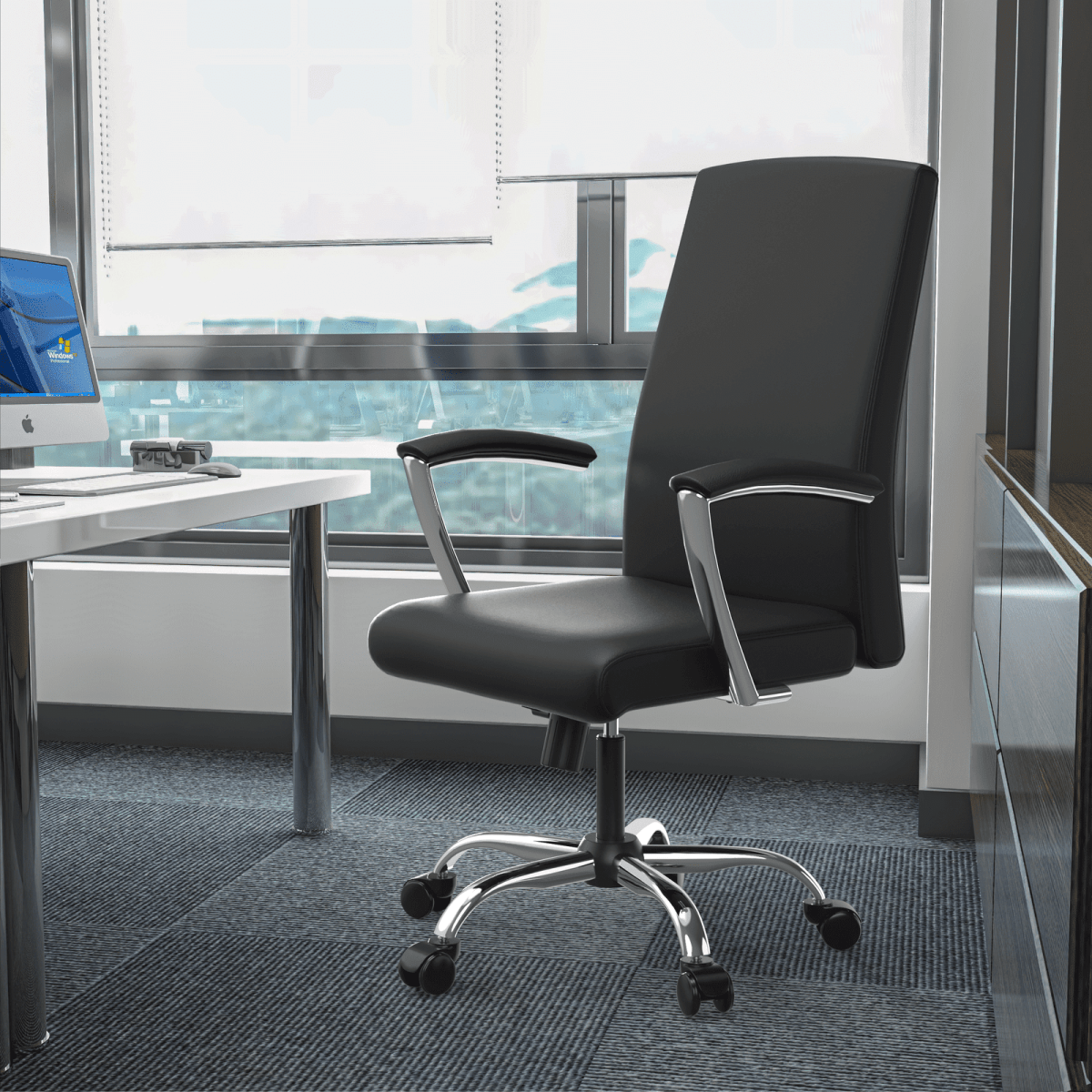 Evander Modern Swivel Office Chair in Leather with Adjustable Height and Silver Frame Black Office Chair Leisuremod