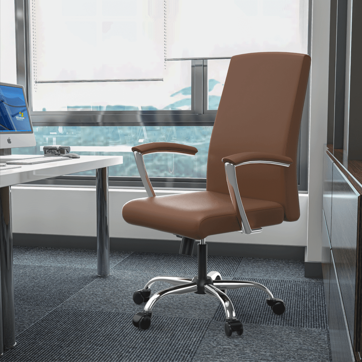 Evander Modern Swivel Office Chair in Leather with Adjustable Height and Silver Frame Dark Brown Office Chair Leisuremod
