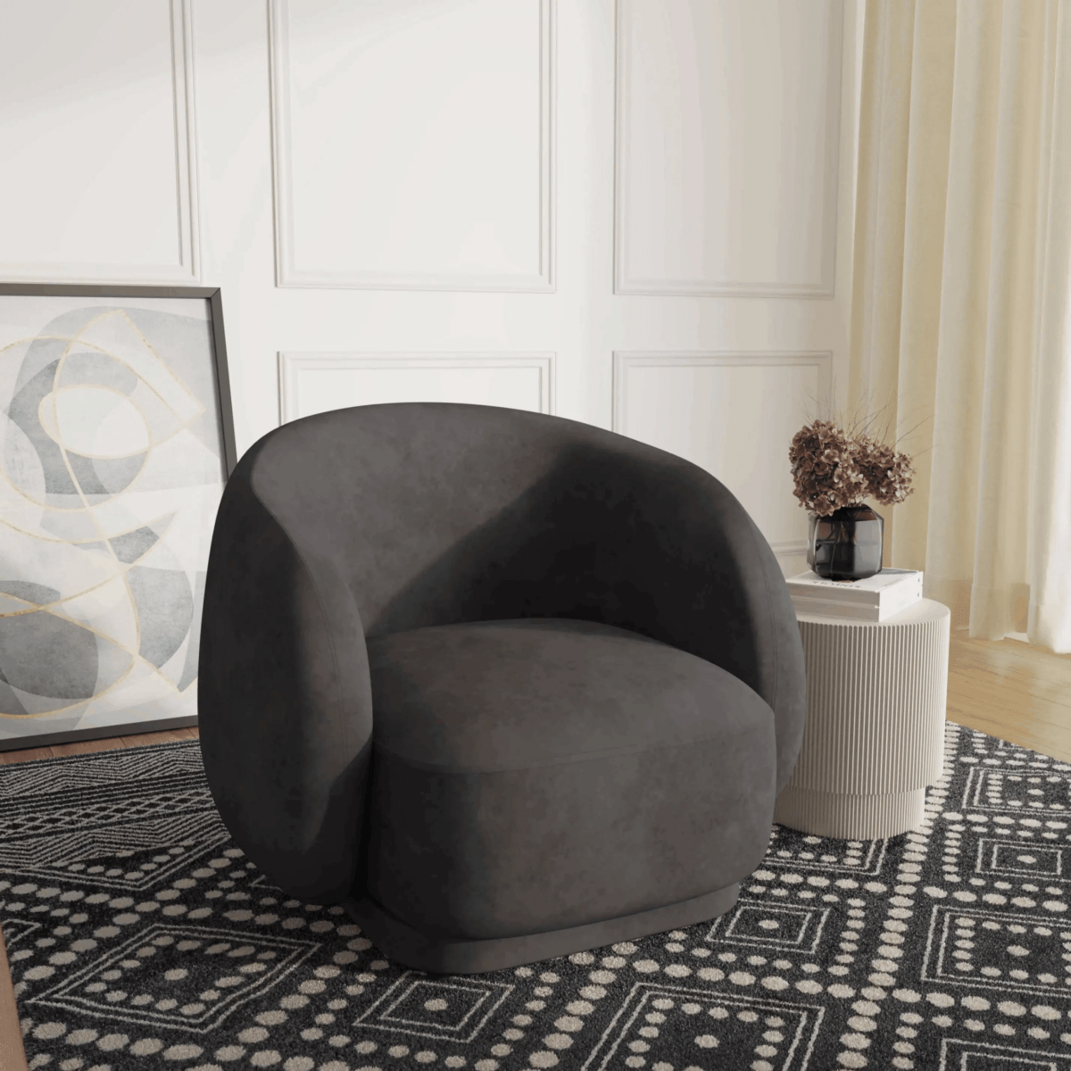 Faze Modern Barrel Accent Chair in Velvet with Wooden Base Light Grey CHAIR Leisuremod